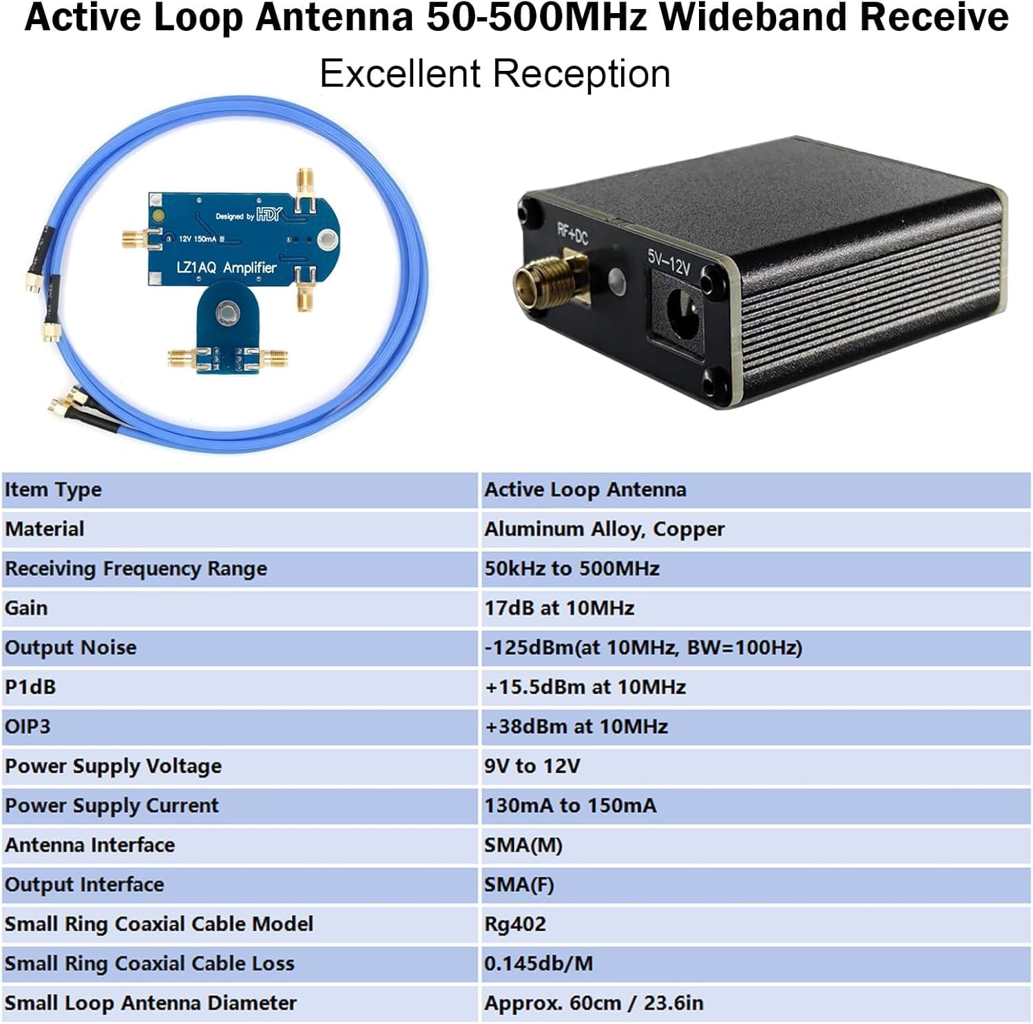 HFDY Antenna ad onde corte 50 KHz-500 MHz HF AM FM VHF UHF antenna magnetica ad anello per radio Ham (con amplificatore migliorato)