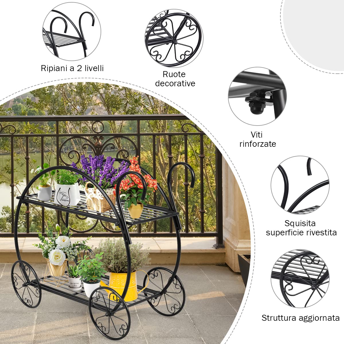 GYMAX Scaffale Porta Piante in Ferro, Portafiori per Giardino, Nero (Stile 1-66 x 34 x 62 cm)
