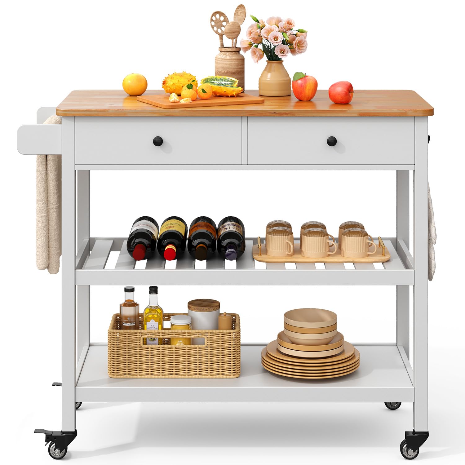 Gizoon 40'' Wooden Tabletop Kitchen Island Utility Cart with 2 Open Tiers Spacious Storage Shelves and Towel Bar, 2 Drawer Mobile Trolley Cart with Mental Wheels, 3 Side Hooks, for Dining Room, White
