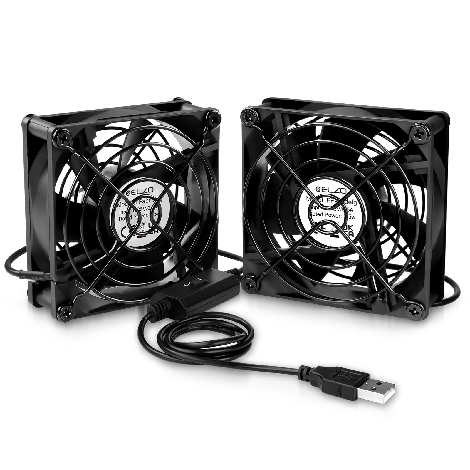 ELZO Wentylator USB 2 sztuki, 5 V z 3 regulowanymi prędkościami, cichy mini wentylator stołowy, USB PC wentylator osiowy (80 mm, czarny)