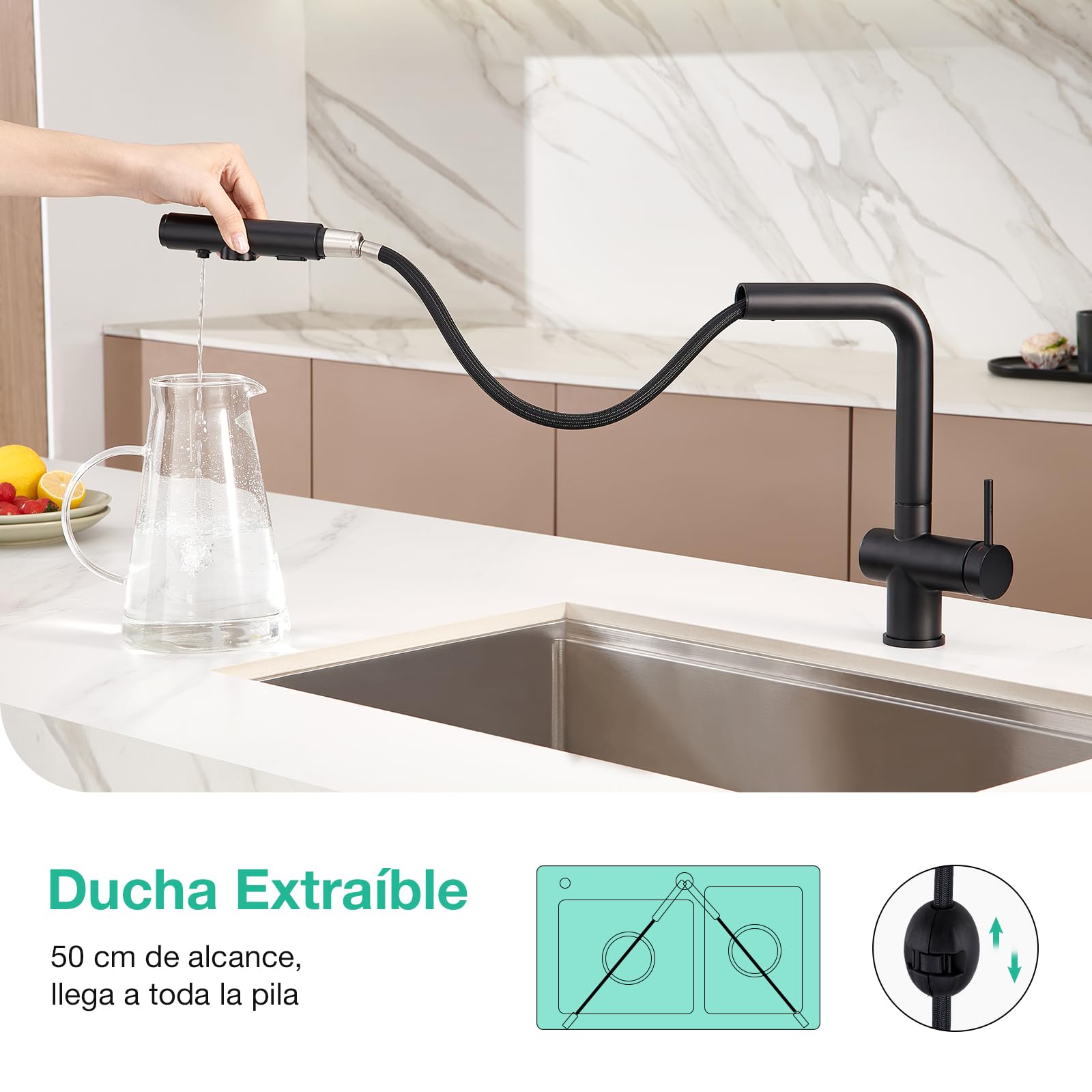 Faustina Grifo de Cocina para Fregadero de 3 vías con Ducha Extensible, Mezclador Monomando de Agua Potable para Sistema de Ósmosis y Filtro, negro