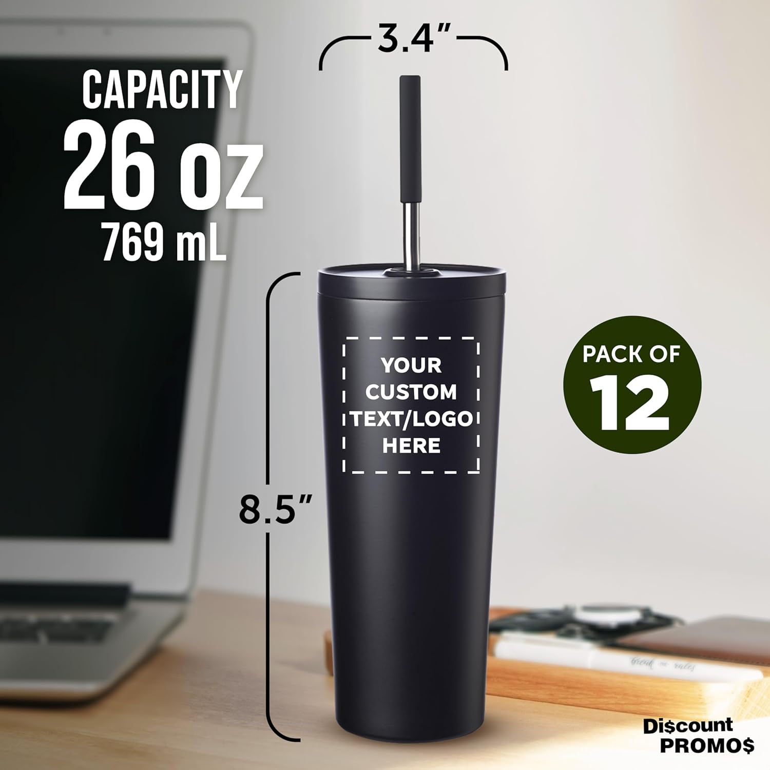 DISCOUNT PROMOS Custom Galveston Stainless Steel Vacuum Tumbler 26 oz, Set of 12, Personalized Bulk Pack - Ideal for Daily Commuters and Fitness Enthusiasts, Insulated Ice Coffee Mugs - Black - Image 5