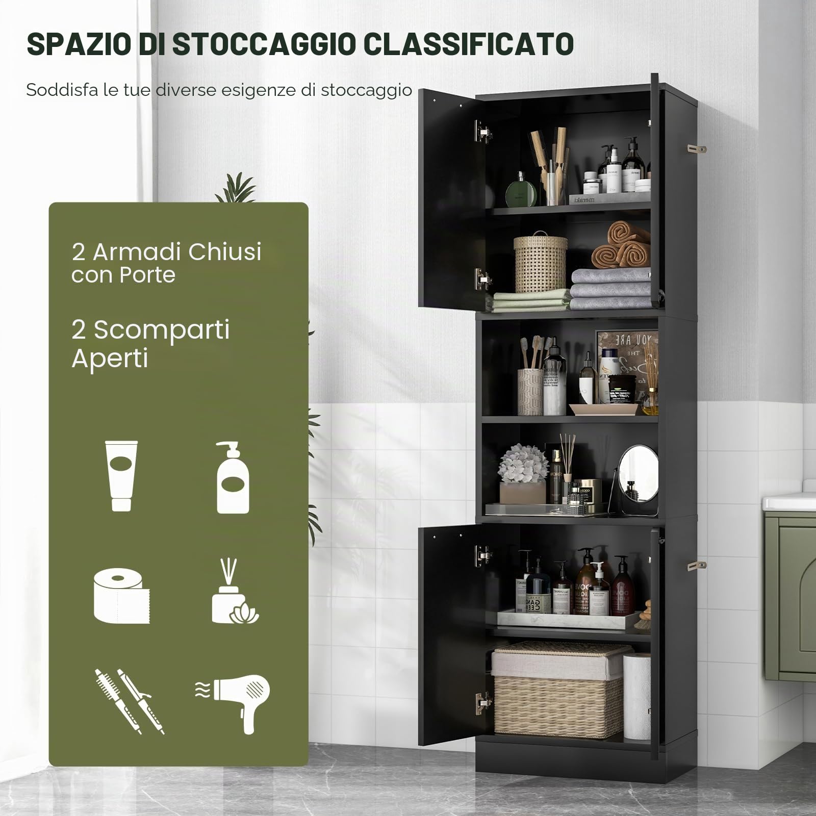 LIFEZEAL Mobile Bagno, Mobiletto Bagno Salvaspazio in Legno, 30x56x190cm, Armadietto Alto con 2 Ripiani Aperti e 4 Ante, Credenza Multiuso da Cucina e Soggiorno, Mobile Dispensa (nero)