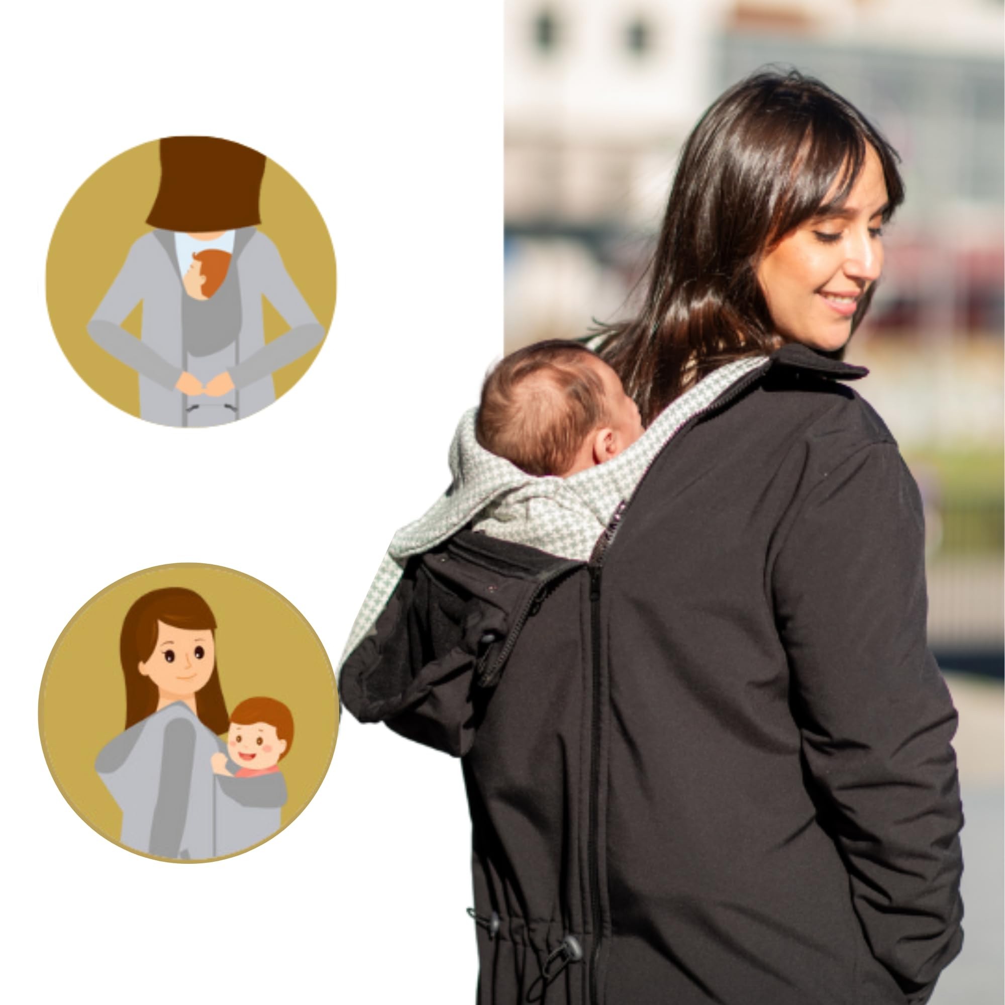 Abrigo Porteo Softshell Amarsupiel Unisex 3 en 1: Impermeable, Cortavientos y Certificado Oekotex | Abrigo premama | Porteo Delantero y Trasero (Talla M - Negro)