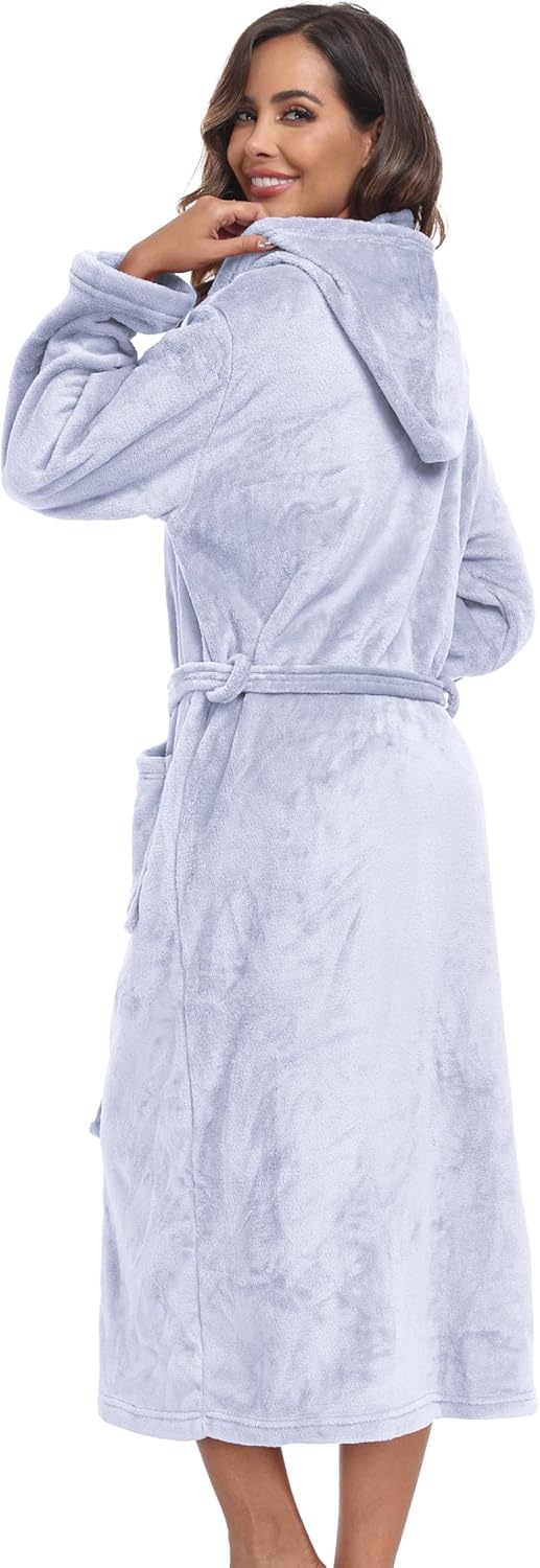 Womens Hooded Plush Bathrobe Warm Fleece Soft Long Robe Fuzzy Full Length Gown Shower Spa House Kimono for Women - Image 5