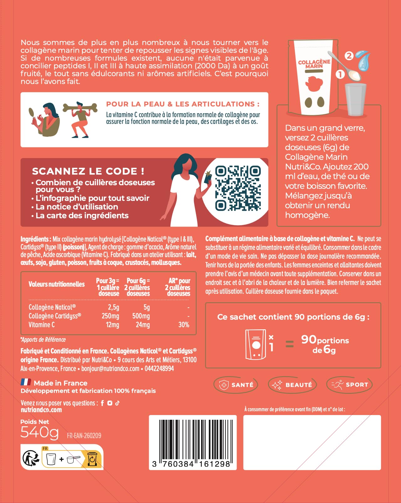 NUTRI & CO Collagene Marin Poudre Types 1, 2, 3 + Vitamine C, Breveté Naticol® & Cartydiss®, Peptides Hydrolysés 2000 DA, Format 90jrs 540g, Goût Pêche, Fabriqué en France