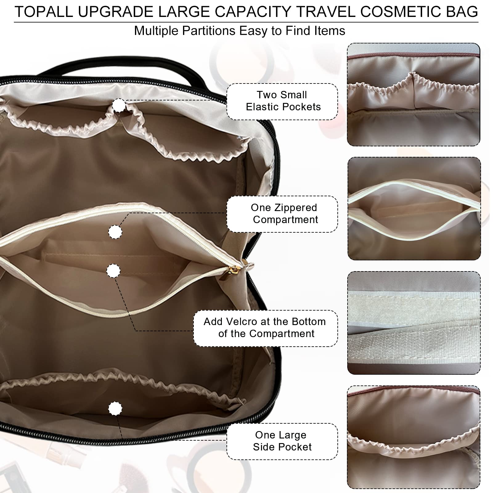 TOPALL Beauty Case da Viaggio Donna,Grande Borsa Cosmetica da Viaggio,Trousse Trucchi Donna in Aggiornata PU Pelle,Borsa Porta Trucchi da Toilette Makeup Bag Organizer