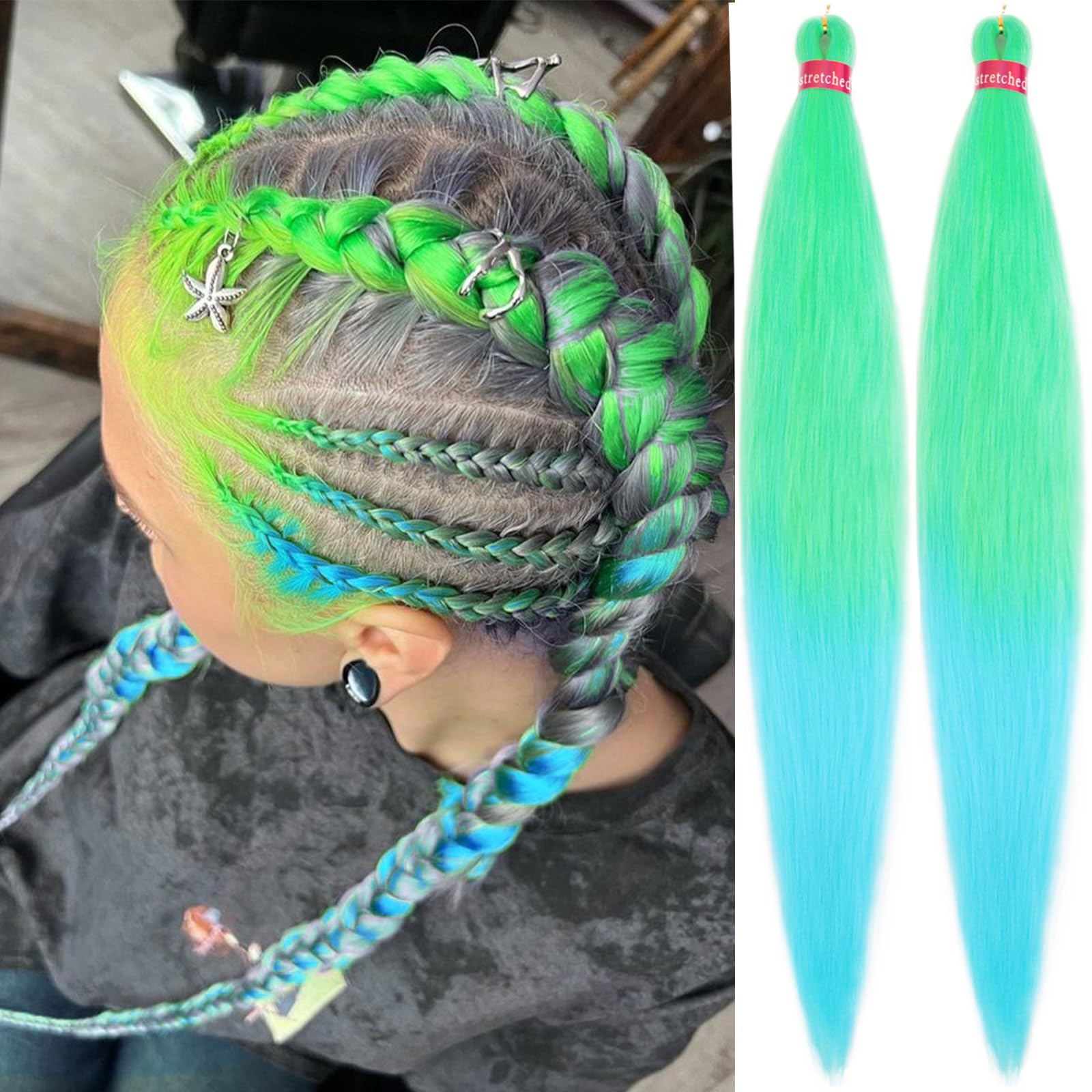 Ombre NeonGreen-SkyBlue Pre Stretched Braiding Hair 30 Inch 2 Packs Pre Feathered Hair Extensions Braids Easy to Use
