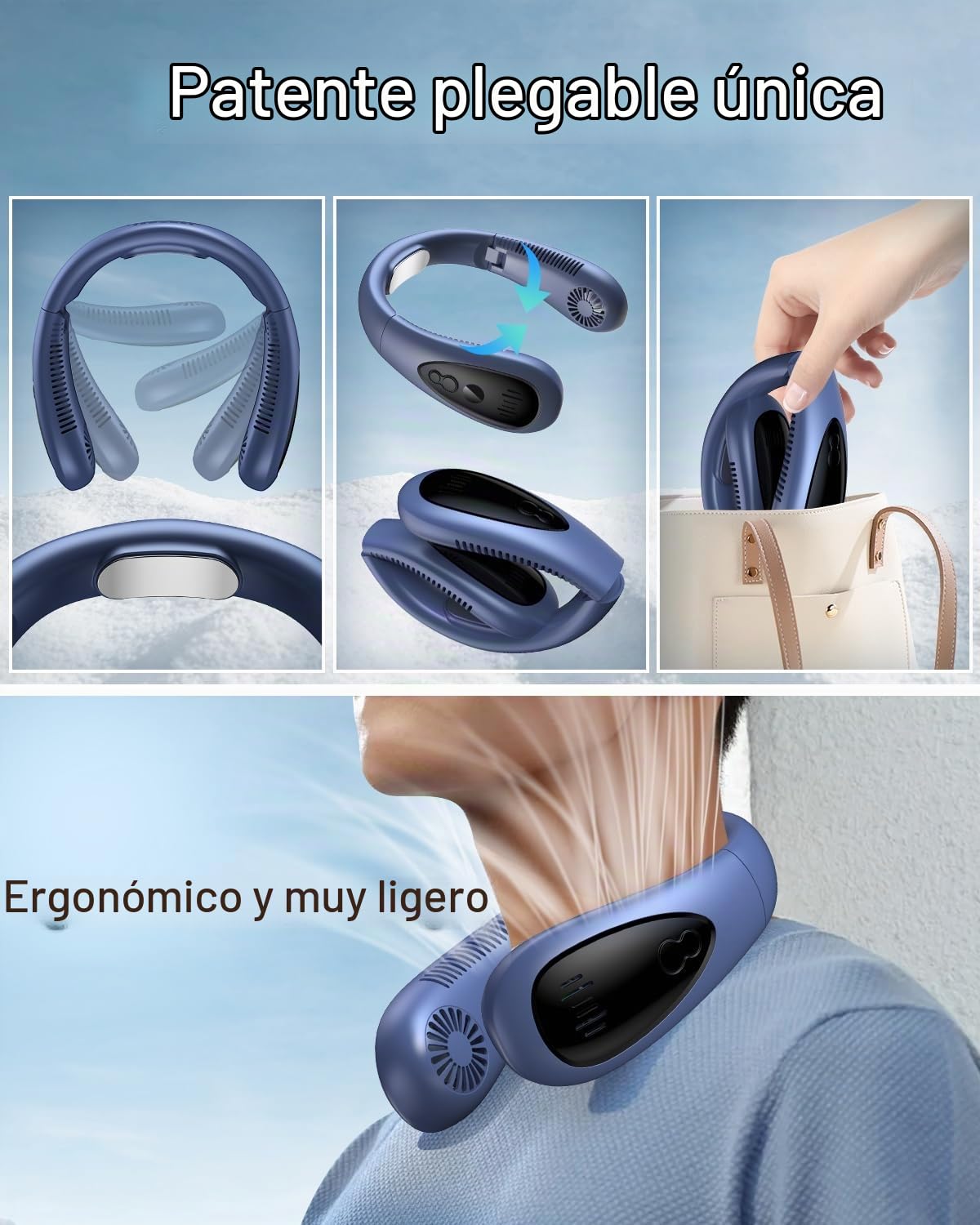 Aire acondicionado para el cuello, ventilador portátil para el cuello con placa de refrigeración, flujo de aire de refrigeración de 360°, ventilador USB recargable de 5000 mAh, manos libres, sin aspas