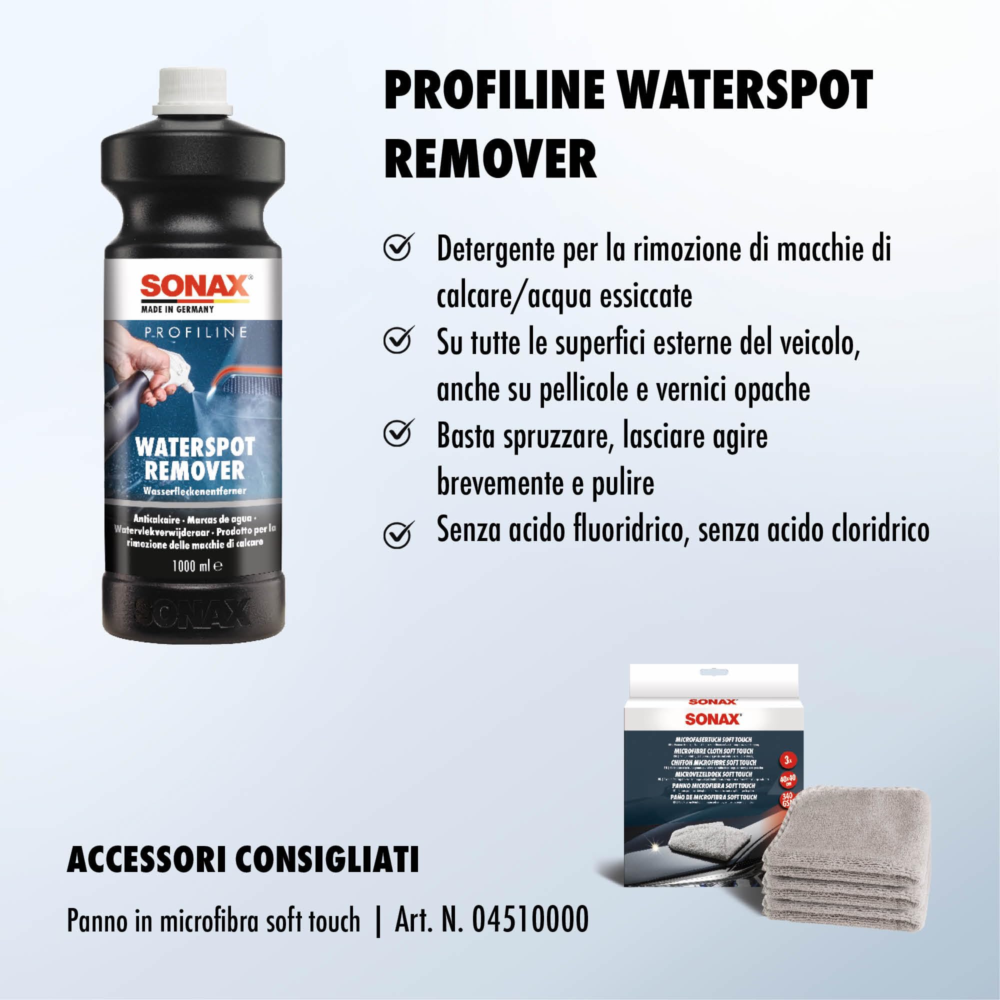 SONAX PROFILINE WaterspotRemover (1 L) rimuove dalla carrozzeria macchie di calcare e acqua su tutte le superfici esterne del veicolo | Art. 02753000