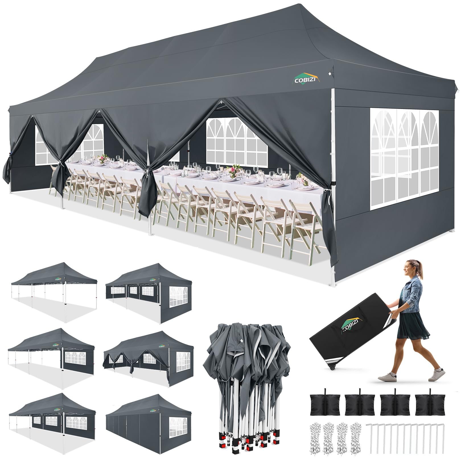 Photo 1 of COBIZI 10x30 Pop up Canopy with Roller Bag & 8 Removable Sidewalls, Canopy Tent for Parties, Wedding, and Commercials, Waterproof and Instant Shelter UV50+ Outdoor Gazebo with 4 Sandbags(Gray)
