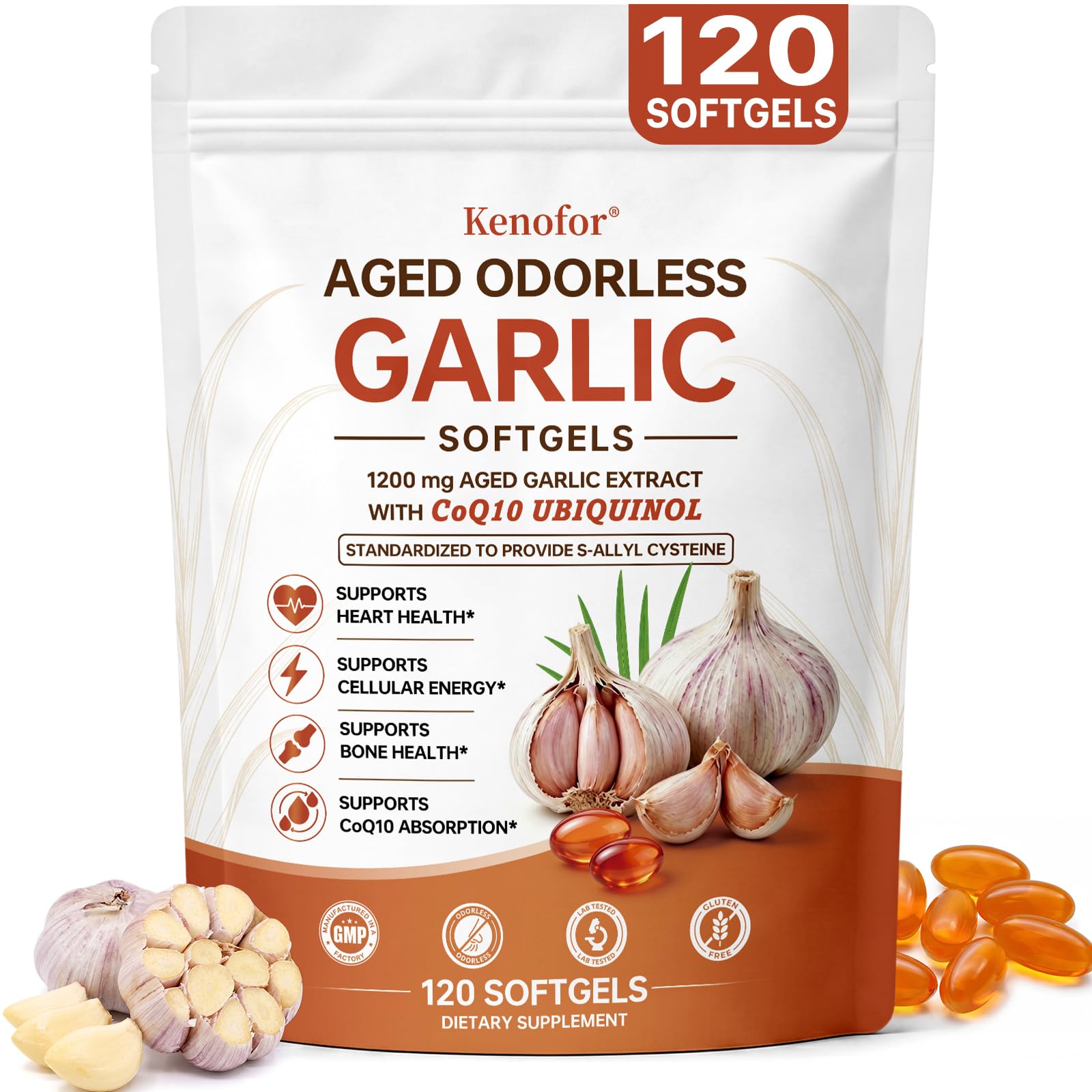 Aged Odorless Garlic Extract Softgels with CoQ10 Ubiquinol & Vitamin K2, 1200mg Aged Garlic Supplements, S-Allyl Cysteine Standardized for Heart & Immune Antioxidant, 120 Softgels