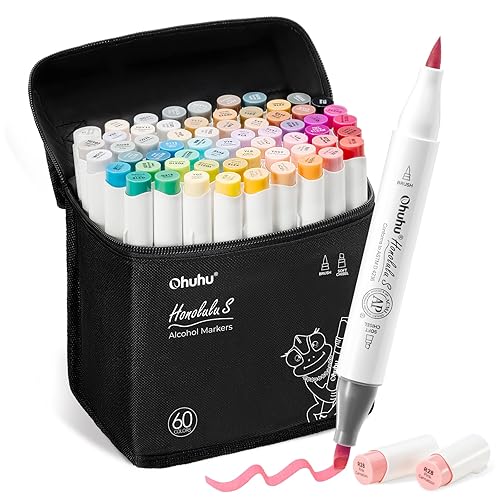 Ohuhu Alcohol Markers: Soft Chisel 60 Illustration-color Brush & Soft Chisel Dual Tips Drawing Markers for Artist Beginner Adult Coloring Illustration Sketching -Honolulu S - Red Dot Award Winner