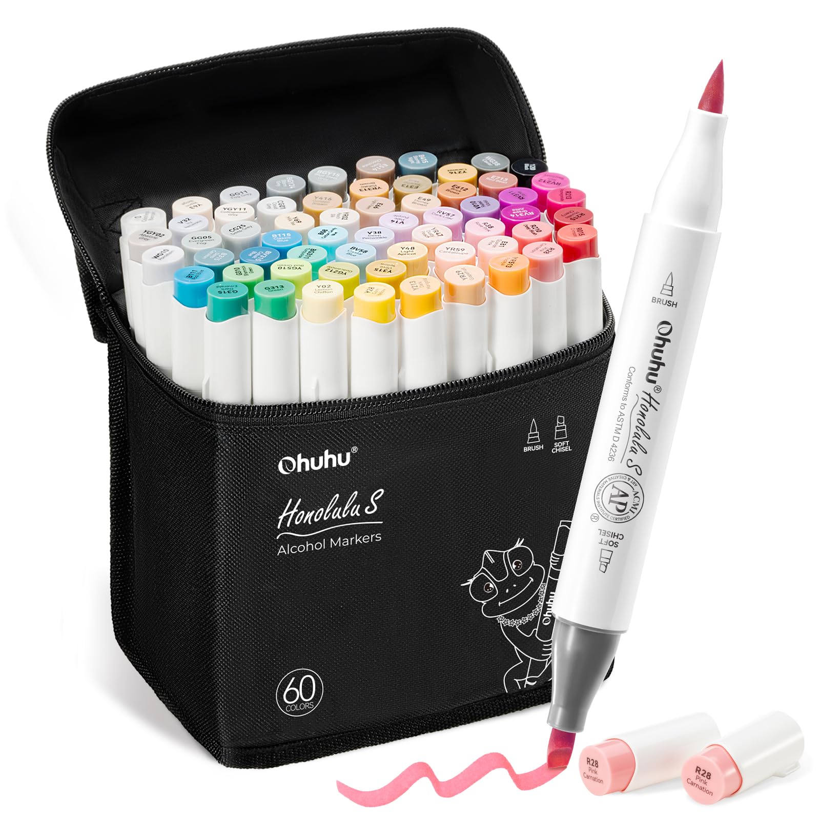 Ohuhu Alcohol Markers: Soft Chisel 60 Illustration-color Brush & Soft Chisel Dual Tips Drawing Markers for Artist Beginner Adult Coloring Illustration Sketching -Honolulu S - Red Dot Award Winner