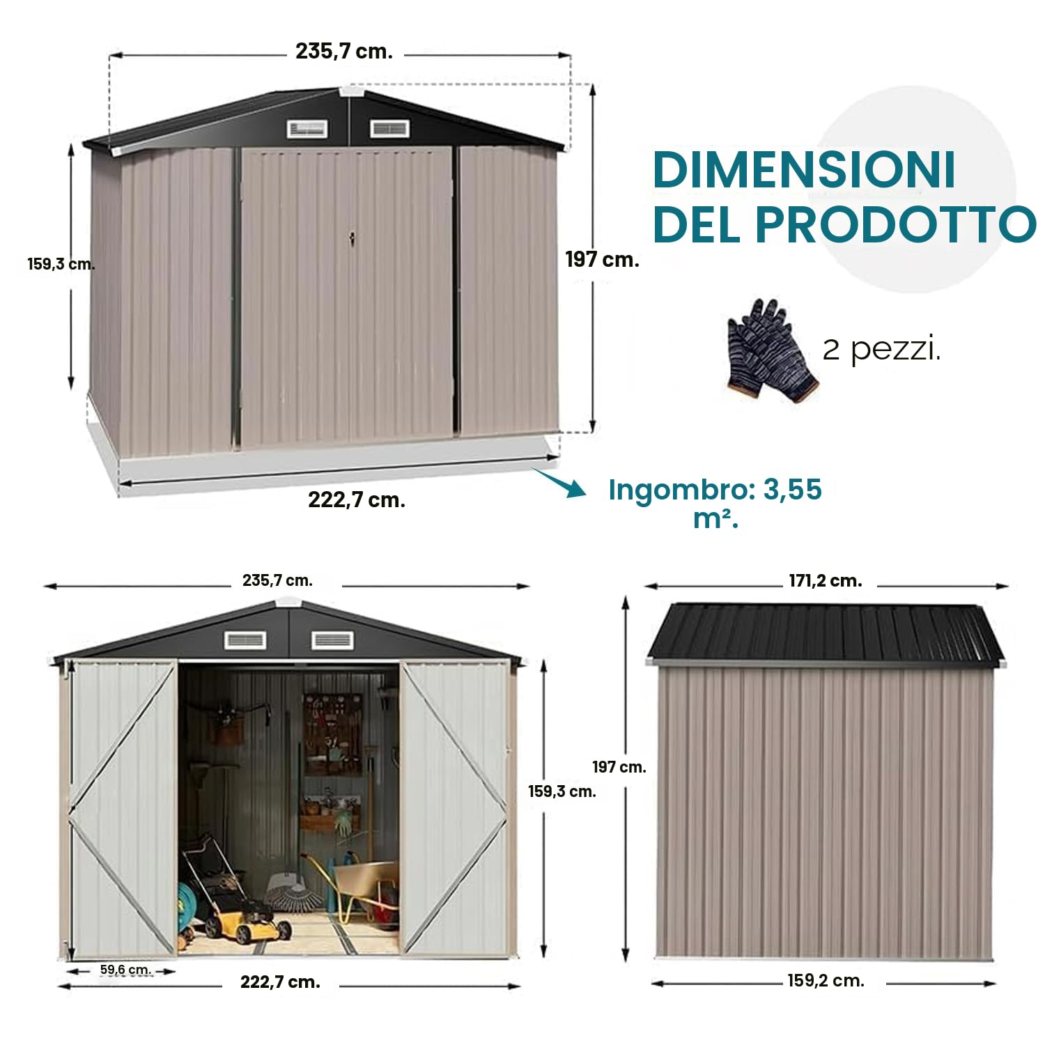 GVDV Casetta da Giardino in Metallo 236 × 171 × 197 cm, Armadio da Esterno Impermeabile con Serratura e Sistema di Ventilazione per Biciclette, Utensili e Tosaerba – per Giardino, Terrazza e Cortile