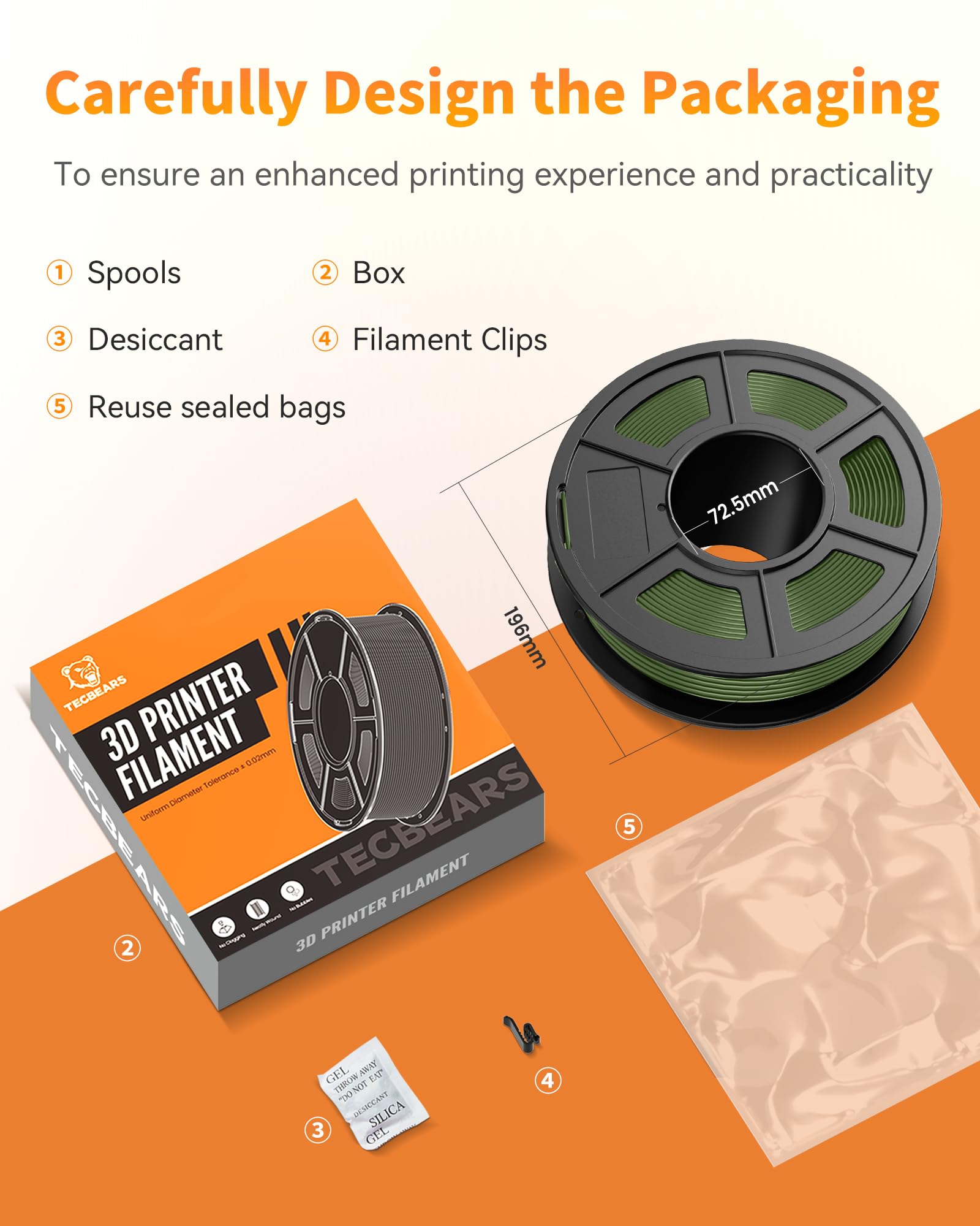 TECBEARS PLA+ Filament 1.75mm 4KG Himmelblau+Schokolade+Gelb+Rot | Verstärkt Zähigkeit PLA Plus 3D Drucker Filament, 0-300mm/s, 4 Spulen, 1kg pro Spule, +/- 0,02 mm