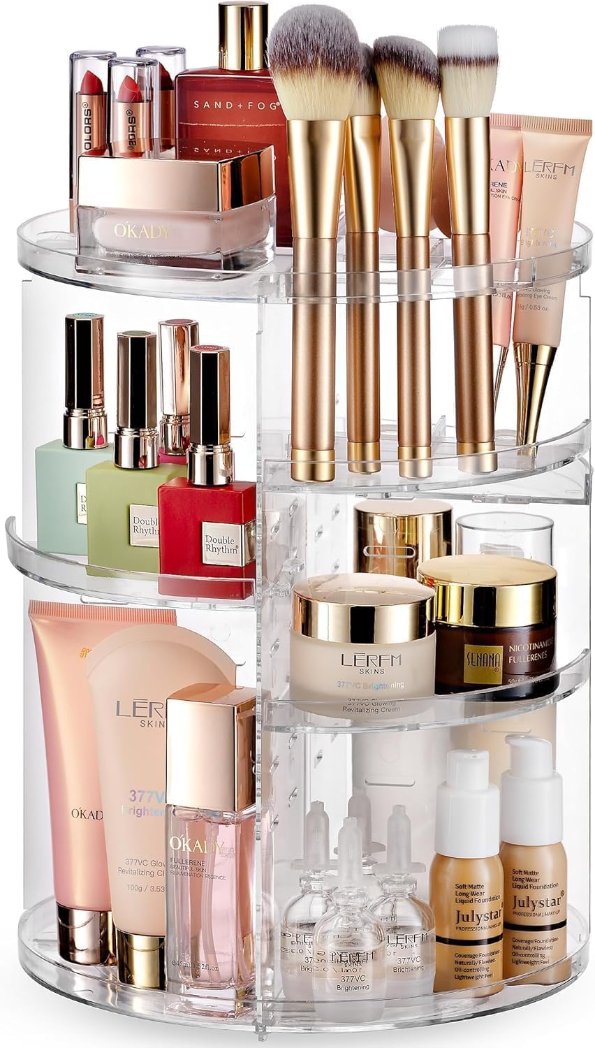 360 Rotating Makeup Organizer - Adjustable Shelf Height and Fully Rotatable. The Perfect Cosmetic Organizer for Bedroom Dresser or Vanity Countertop. (Clear)