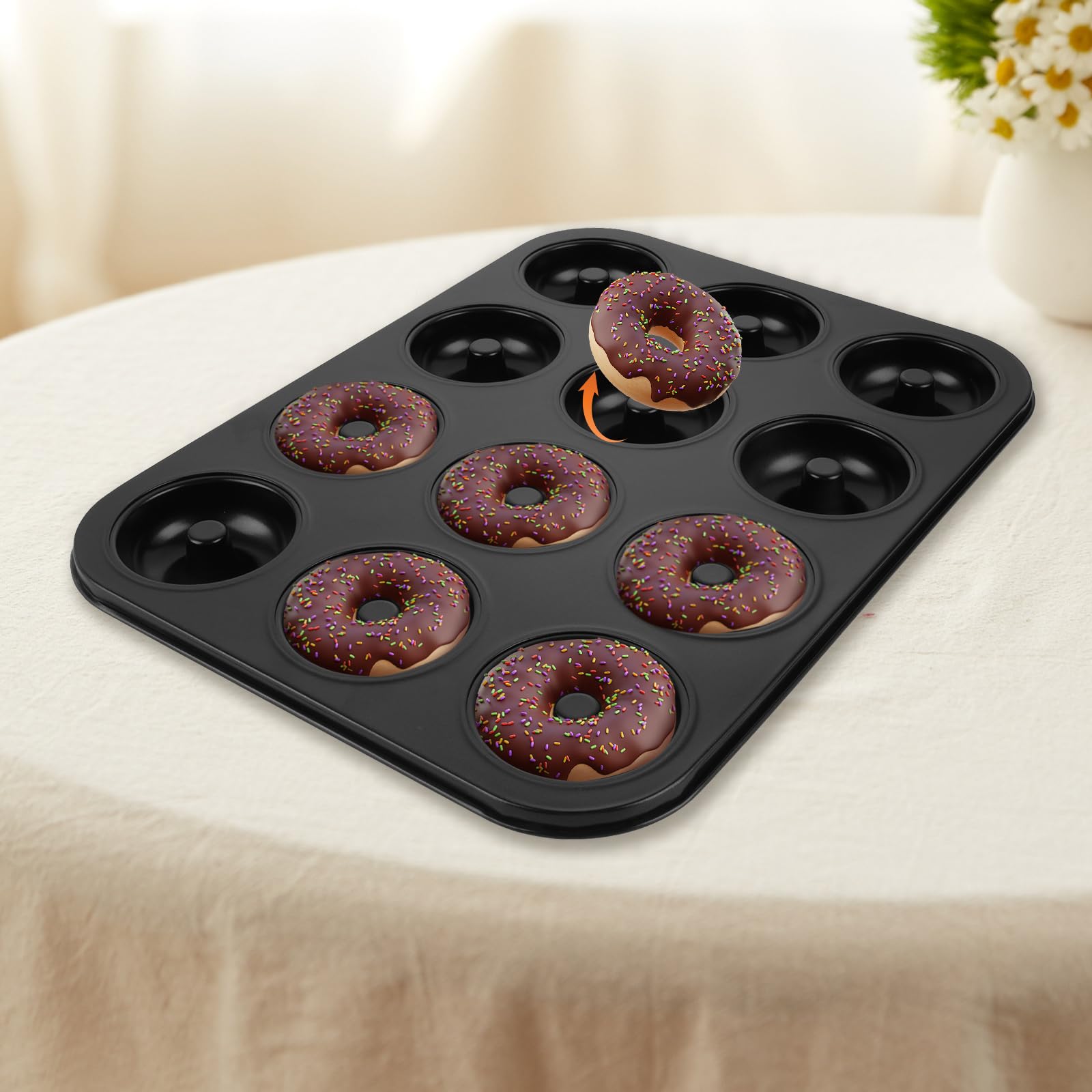RHBLME Donut-Pfanne, 12 Mulden, Donut-Pfanne zum Backen, 35,6 x 26,4 cm, antihaftbeschichtete Donut-Pfanne, Karbonstahl, Donut-Tabletts zum Backen für Bagels und Kuchen-Donuts, ofenfest,