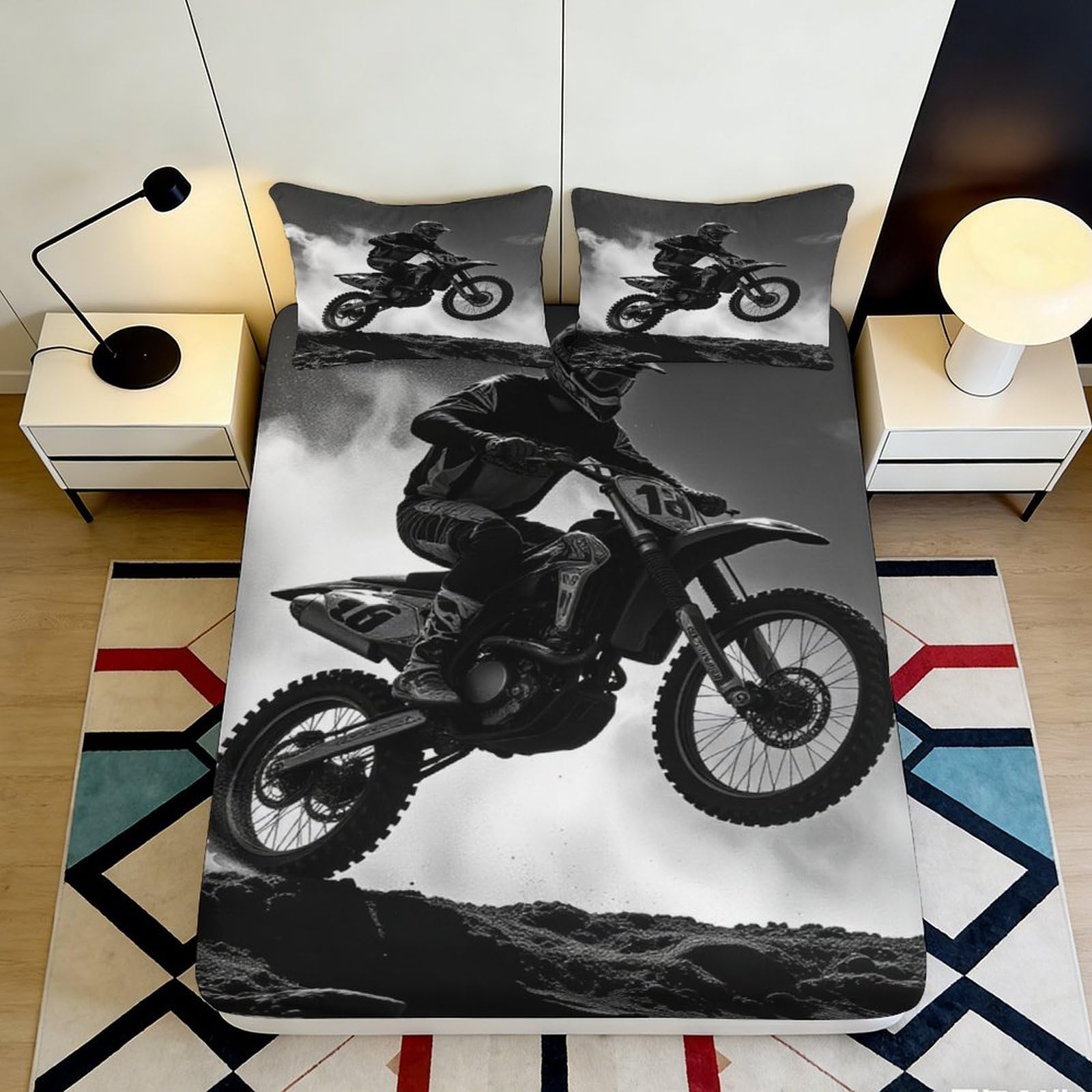 3D Printed Motocross Race Fitted Sheet Microfiber Soft Breathable Dirt Bike Bed Cover for Bedroom Dorm Decor 90x200x25cm