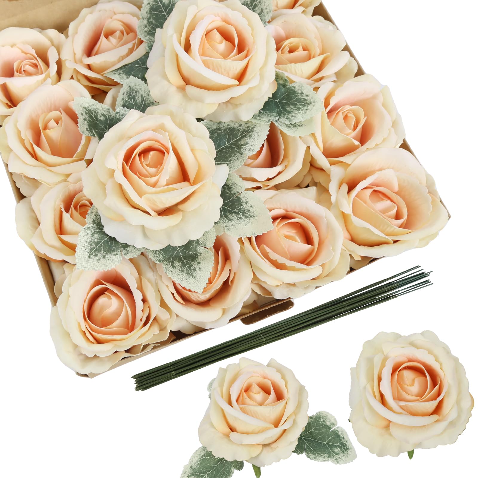 IPOPU 16pcs Champagne Velvet Rose Artificial Flowers 3.93" Large Fake Rose Bulk Real Touch Silk Flowers for DIY Wedding Bouquet Floral Arrangement Home Party Garden Decorations(Champagne)