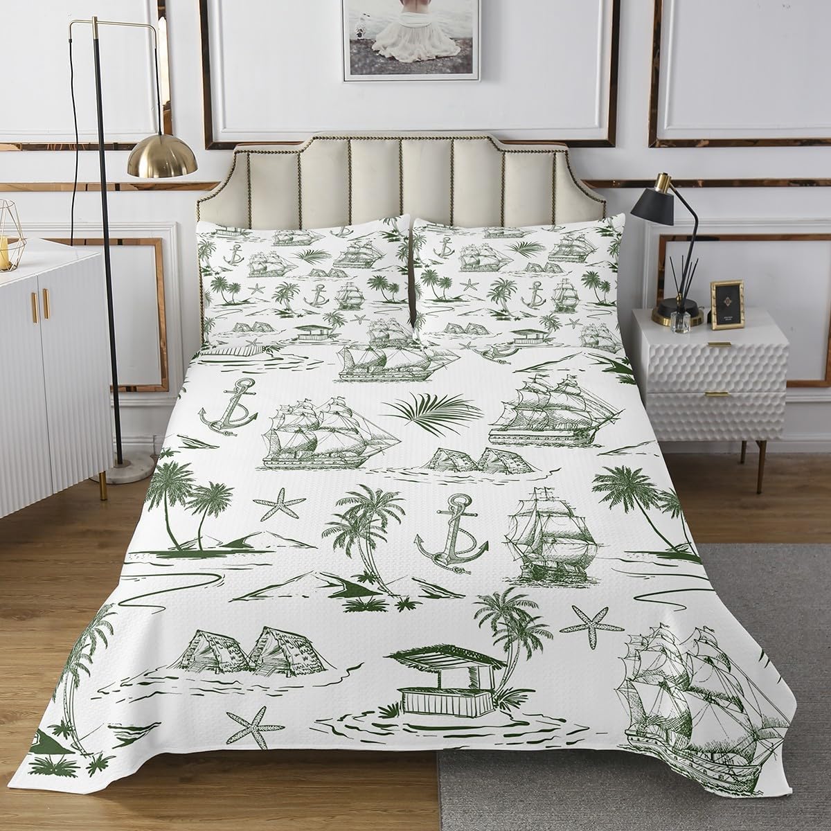 Castle Fairy Coconut Tree Bedding Set Twin Size,Tropical Beach Bedspread 2Pcs for Kids Girls Boys Teens Room Decor,Nautical Anchor Sailboat Comforter Set Rustic Green White Coverlet,1 Pillowcase