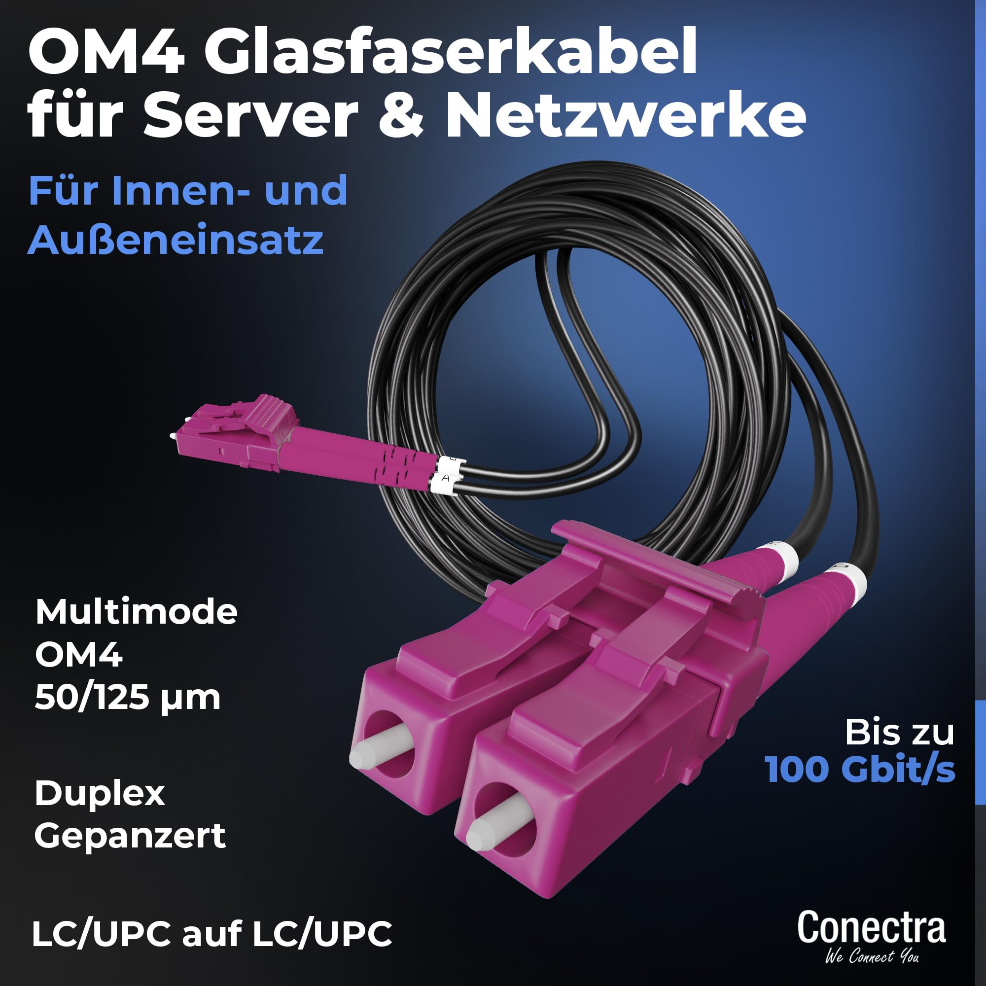 10m Gepanzertes OM4 Duplex Glasfaser-Kabel LC/UPC für Innen- und Außen-Einsatz – LWL Lichtleiter Patch-Kabel Multimode 50/125µm LC UPC LSZH Fiber Optic Cable Indoor/Outdoor ⌀3mm Schwarz