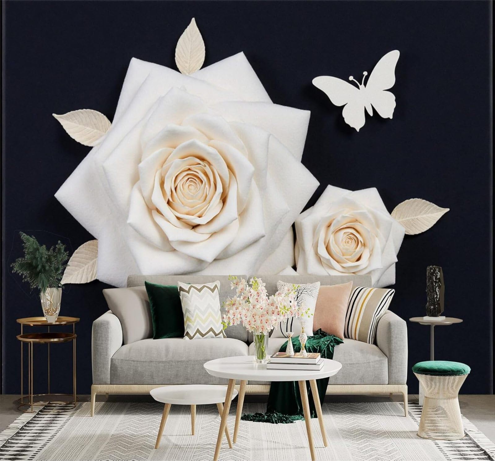 XLMING Minimalist Three Dimensional White Roses Butterflies Black 3D Wallpaper Silky Texture Home Study Office Grey Dining Room Sofa Bedroom Living Room TV Backdrop-300cm×210cm
