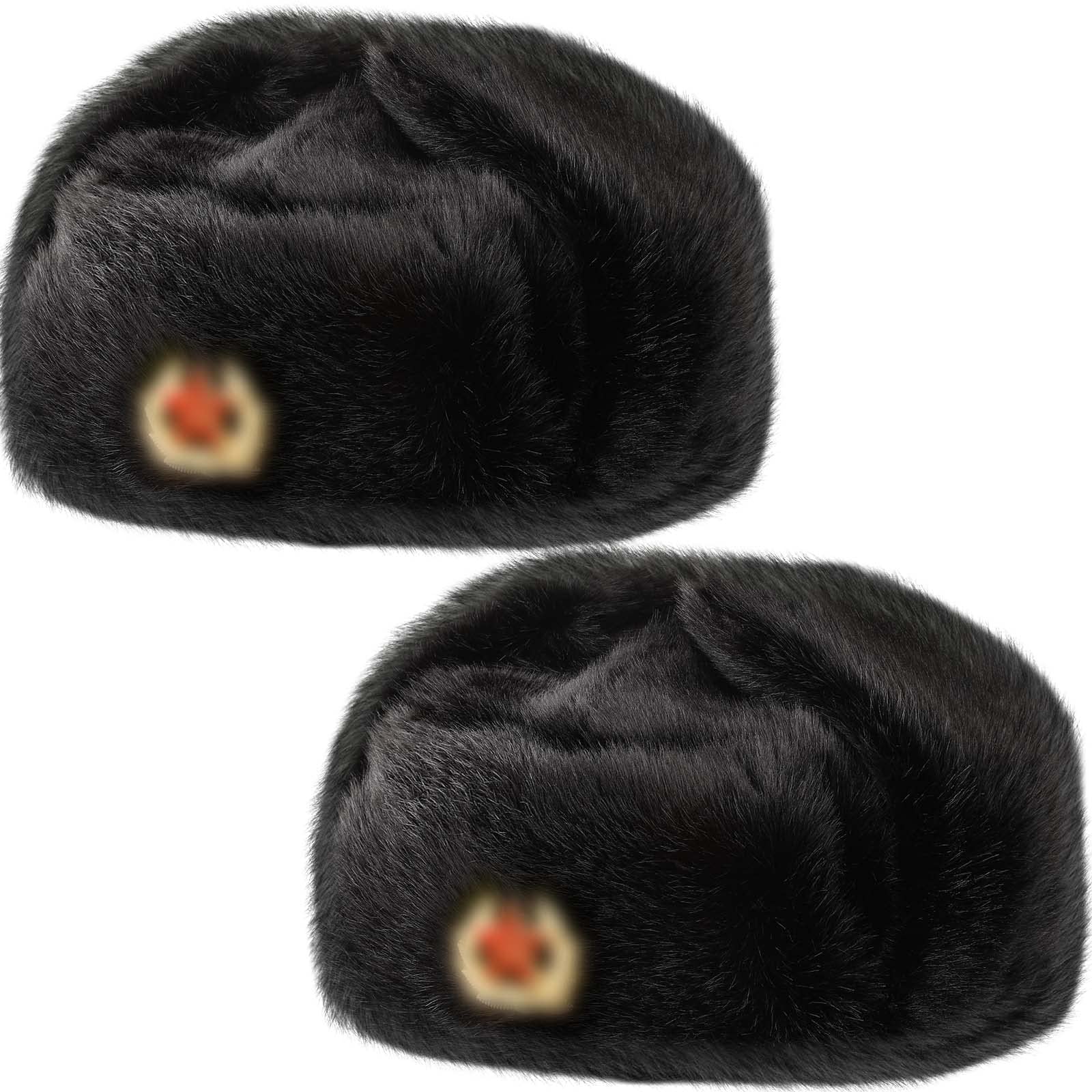 2 Pieces Army Winter Hats Faux Fur Cap Cossack Trapper Black Beanie Flaps Hat with Badge for Men
