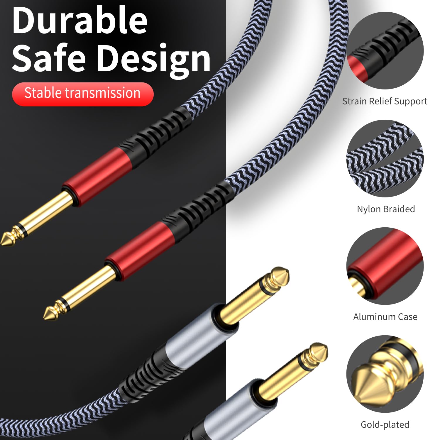 Cable de instrumento de guitarra de 1/4 de 30 pies, 2 unidades, recto a recto, cable de instrumento de 1/4 compatible con guitarra eléctrica, bajo, batería, pedal, amplificador