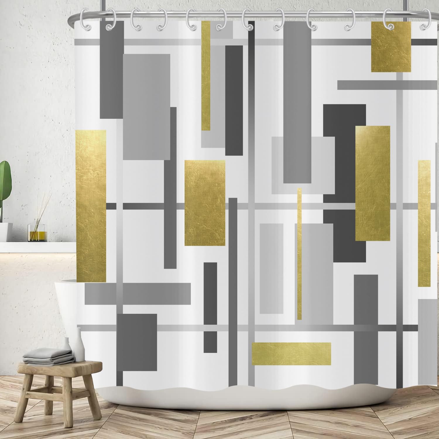 ASDCXZ Geometry Shower Curtain 180x220 cm, Modern Black Gold Grey Irregular Geometry Pattern White Bath Washable Shower Curtains Polyester Textile Waterproof Bath Curtain for Bathtub with 12 Hooks — image 1