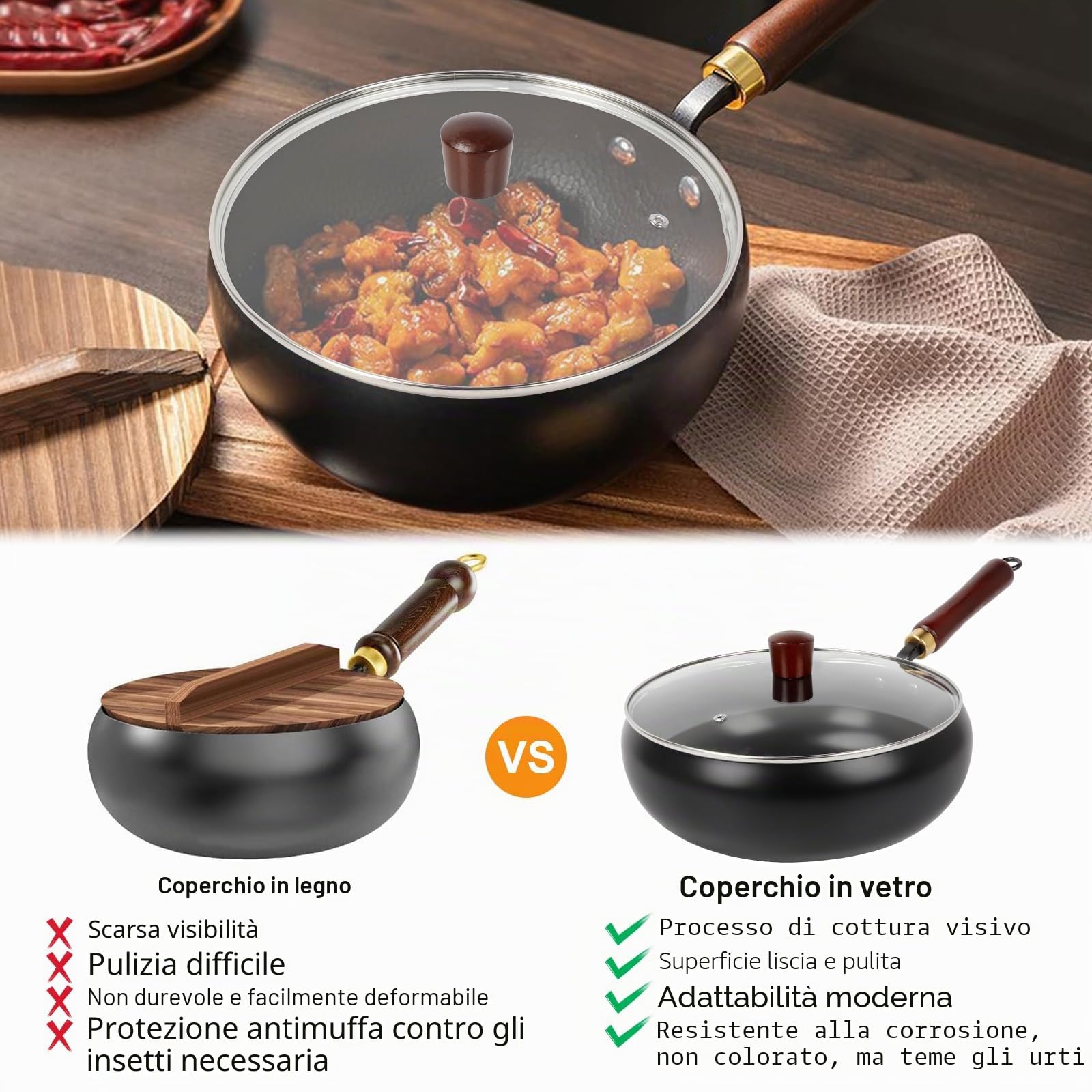 mumisuto Wok Cinese Con Manico In Legno Da 28 Cm, Pentola Grande Pancia Forgiata a Mano non Rivestita, Nuovo Wok Pancia Grande, Pentola in Ferro, Senza Rivestimento Chimico, Antiaderente