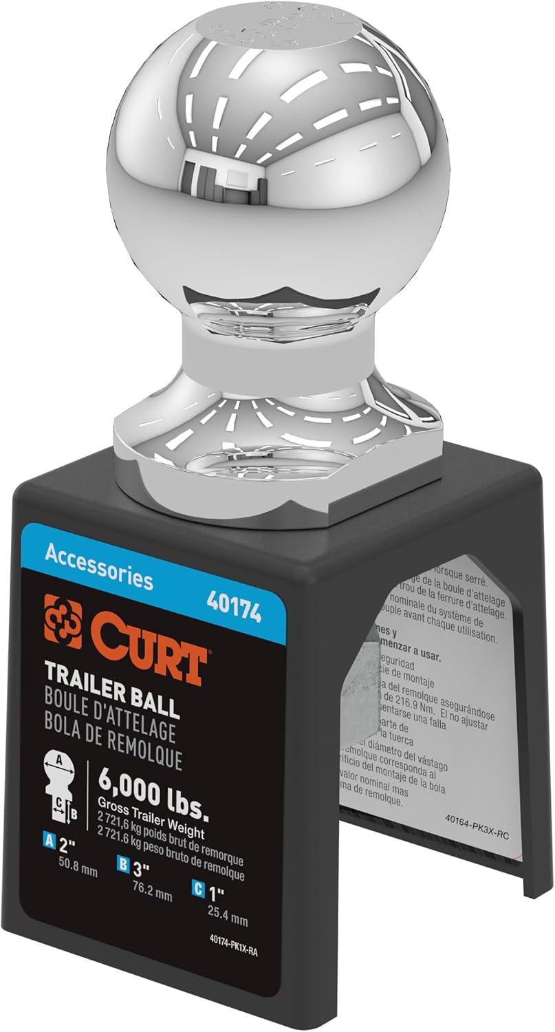 CURT 40174 Chrome Trailer Hitch Ball, 6,000 lbs, 2-Inch Diameter, 1 x 3-Inch Shank