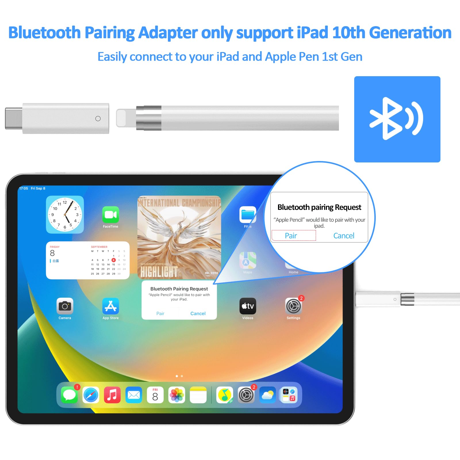 USB C to Pencil 1st Gen Adapter for iPad 10th Generation Male USB-C to Female Charging Adapters Bluetooth Pairing for iPad 10th Pencil Charging Connector for Apple Pencil 1st Generation