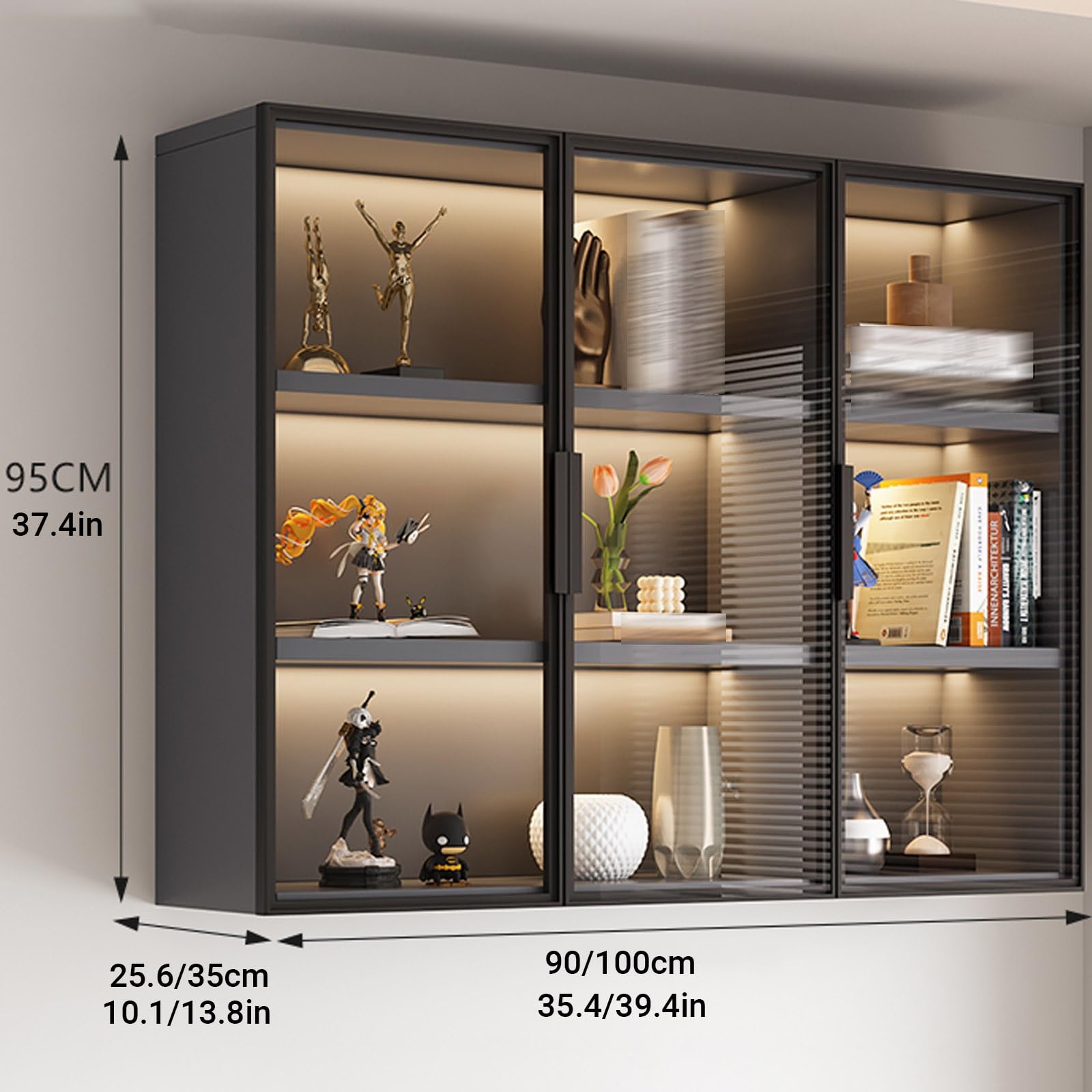 Naścienna witryna z drzwiami do przechowywania, stylowy wiszący stojak do przechowywania do kuchni, sypialni, gabinetu, 100 x 25,6 x 95 cm / 39.4x10.1x37.4in