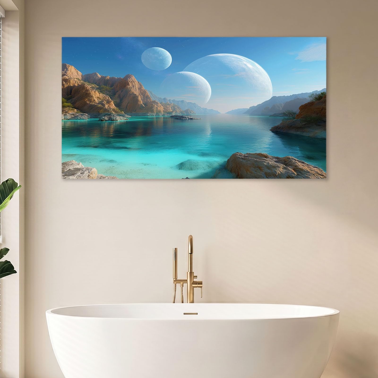 Obraz na płótnie, natura, krajobraz, XXL, obraz ścienny, dekoracja ścienna 120 x 60 cm, druk artystyczny na płótnie z drewnianą ramą, niebieskie góry, jezioro, planeta, dekoracja ścienna do salonu