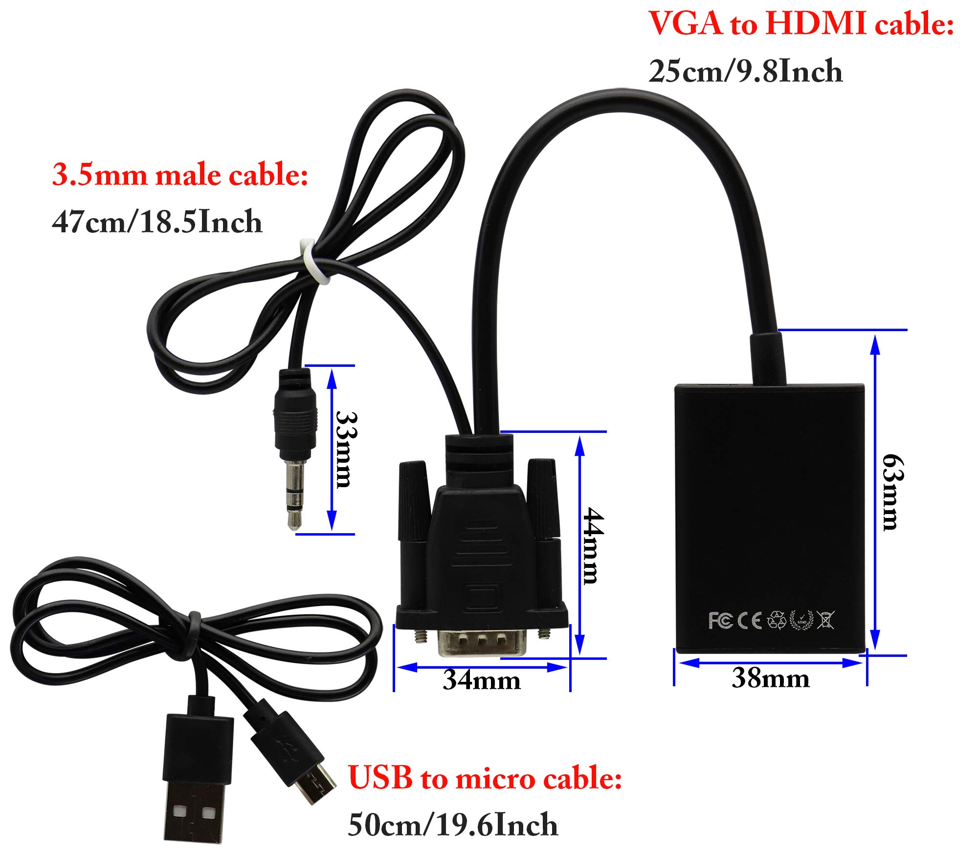 Uscita Adattatore da 1080P VGA Maschio a HDMI Femmina audio video con audio da 3,5mm e cavo Micro USB,Compatibile con computer, laptop, proiettore, PC, DVD, HDTV, monitor.(VGA M/F)