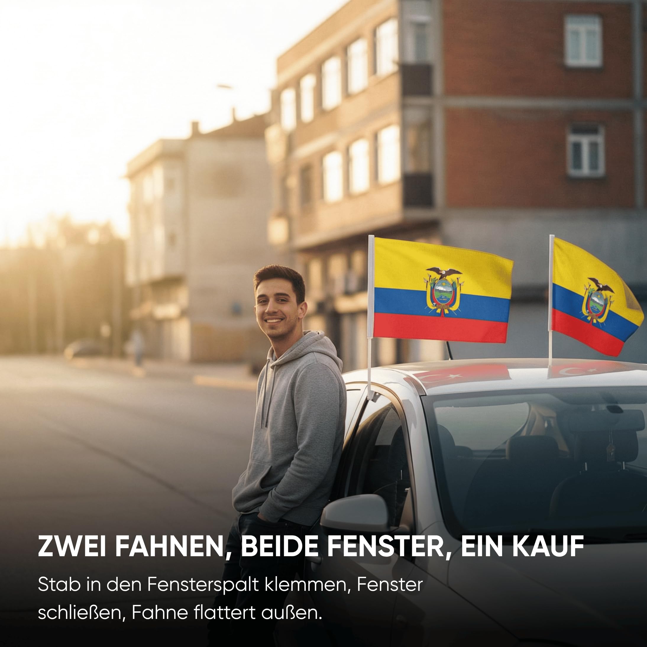 Auto Fahnen Ecuador Komplett Set - Motorhaubenfahne, 2 Autofahnen Fenster & 2 Außenspiegelfahnen, Fußball Fanartikel FZG für EM & WM, Ecuadorianische Flagge Fahrzeug Deko