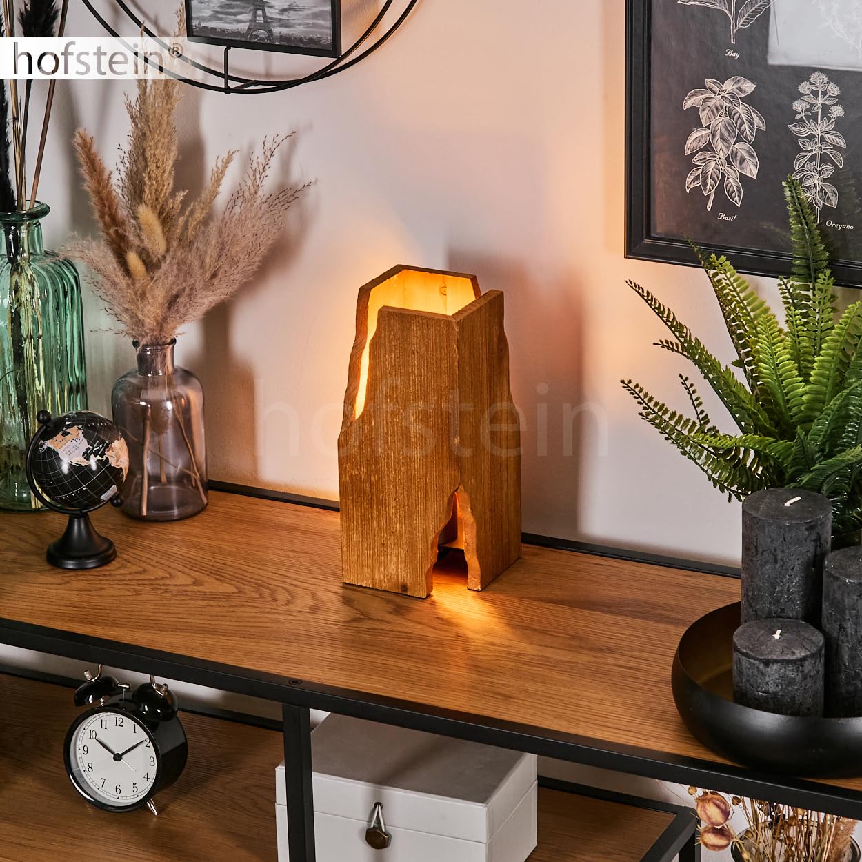 Tischleuchte Sernadelo, Tischlampe aus Metall/Holz in Schwarz/Naturfarben, Leseleuchte im Boho-Design mit Schirm aus Holz und An-/ Ausschalter am Kabel, Höhe 25 cm, 1 x E27, ohne Leuchtmittel