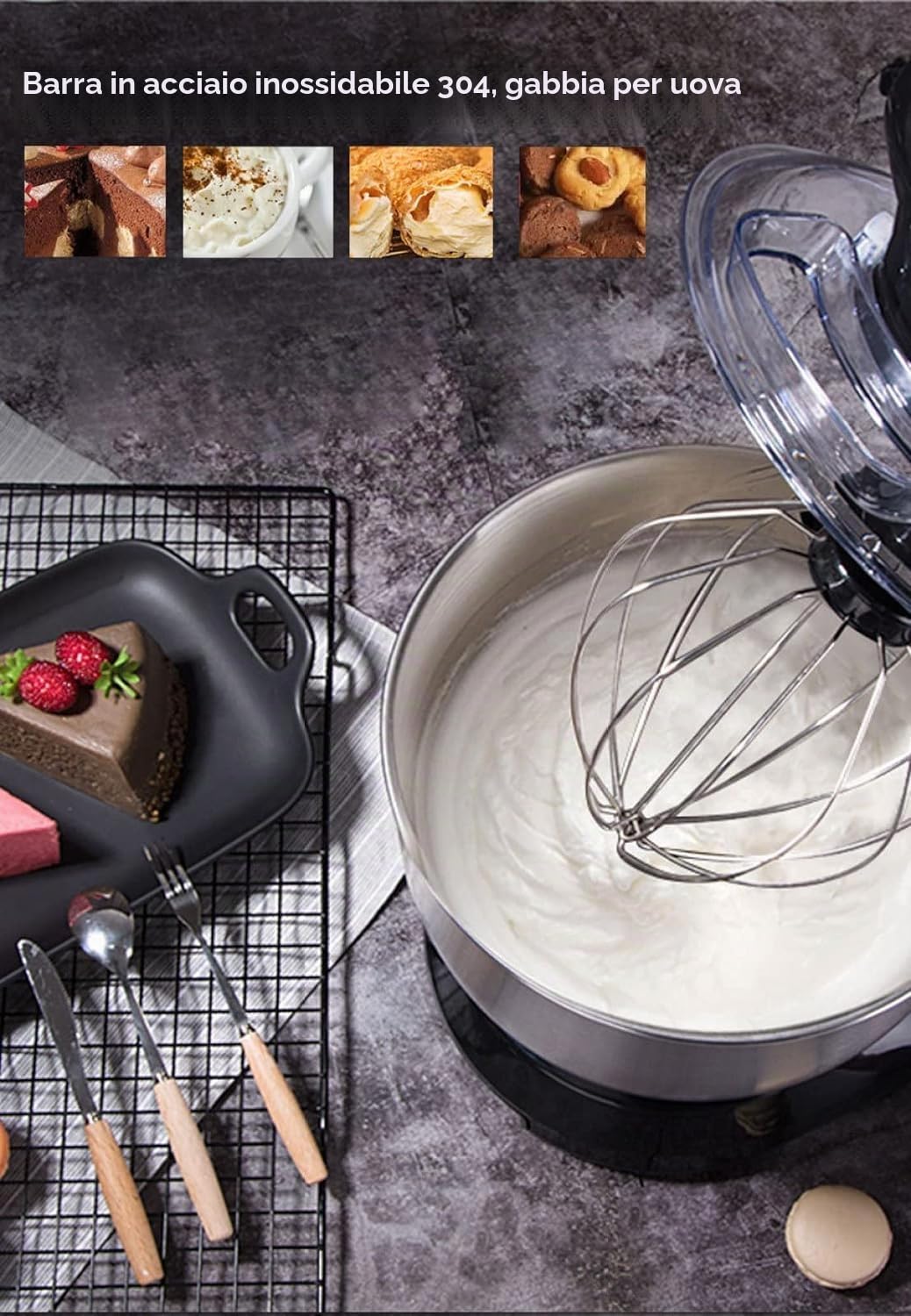 ROYALTY LINE, Robot da Cucina Multifunzione 1000W Nero RLPKM7004722S-BLK, Ciotola in Acciaio Inox da 4 L, 6 Velocità, Accessori Inclusi: Gancio Impastatore, Frusta, Frusta