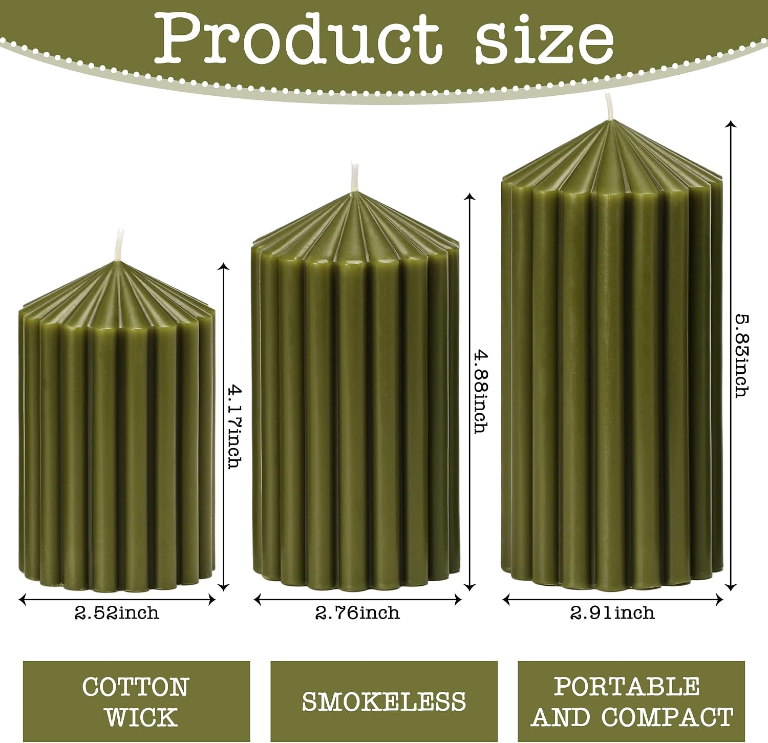 3 Pack Dark Moss Green Ribbed Pillar Candles - Unscented Olive Green Pillar Candle, 2.76" x4.2/4.9/5.9 in Smokeless, Modern Candles for Home Decor, Dinner Table, Living Room, Housewarming Gift