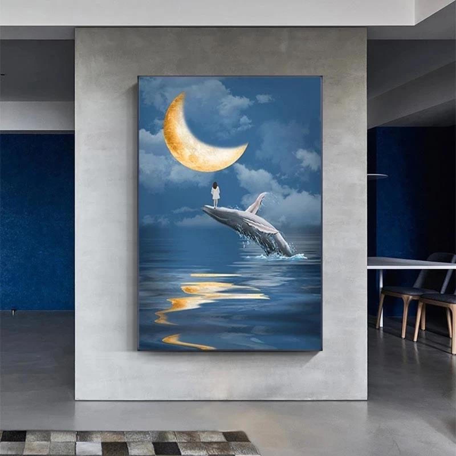 Yocheng Abstract Girl With Whale Canvas Painting Moon Wall Art Poster And Print Picture For Child's Bedroom Home Wall Decoration 40x50cm No Frame