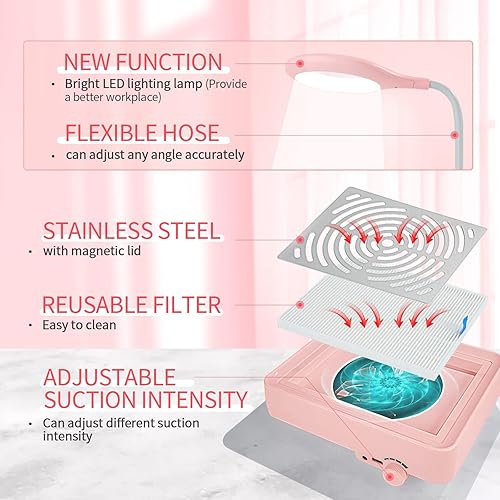 Miniatura 6 de SAVILAND Colector de polvo de uñas con lámpara, potente ventilador de vacío de uñas de 40 W, extractor de polvo eléctrico con filtro reutilizable