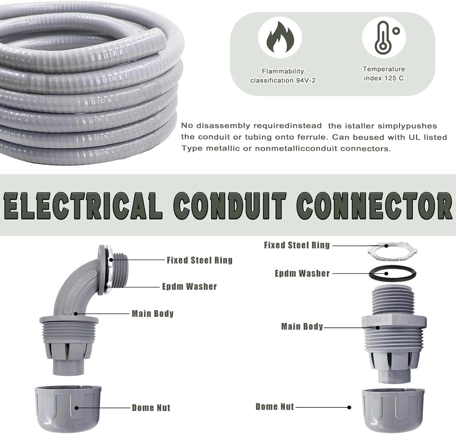 1 Inch 25 FT Non Metallic Liquid-Tight Conduit and Connector Kit - Includes 5 Straight and 4 Angle Fittings for Electrical Wiring