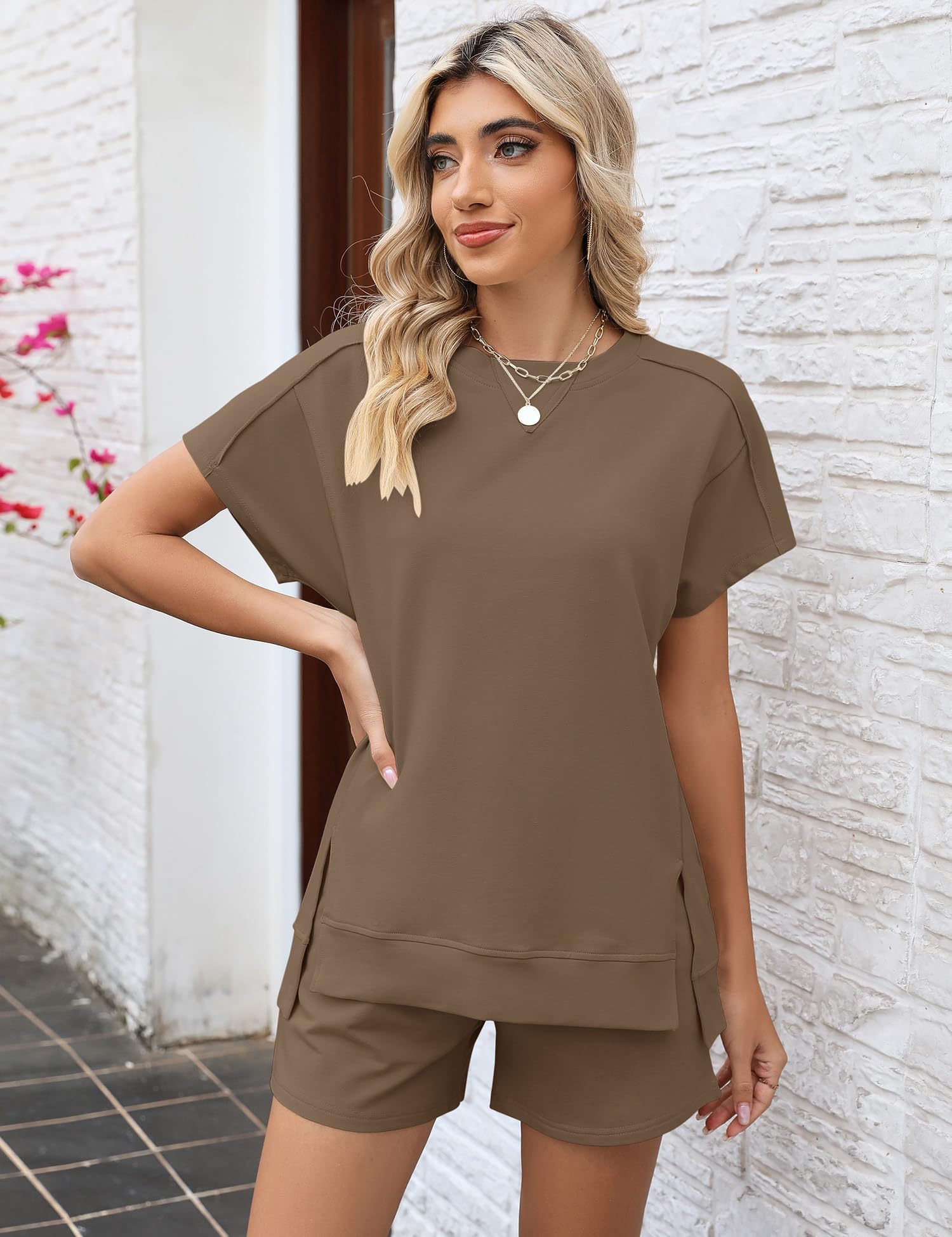 LOMON Womens Fashion 2 Piece Outfits Sweatsuits 2025 Summer Short Sleeve Loungewear Tracksuit Round Neck Lounge Shorts Sets