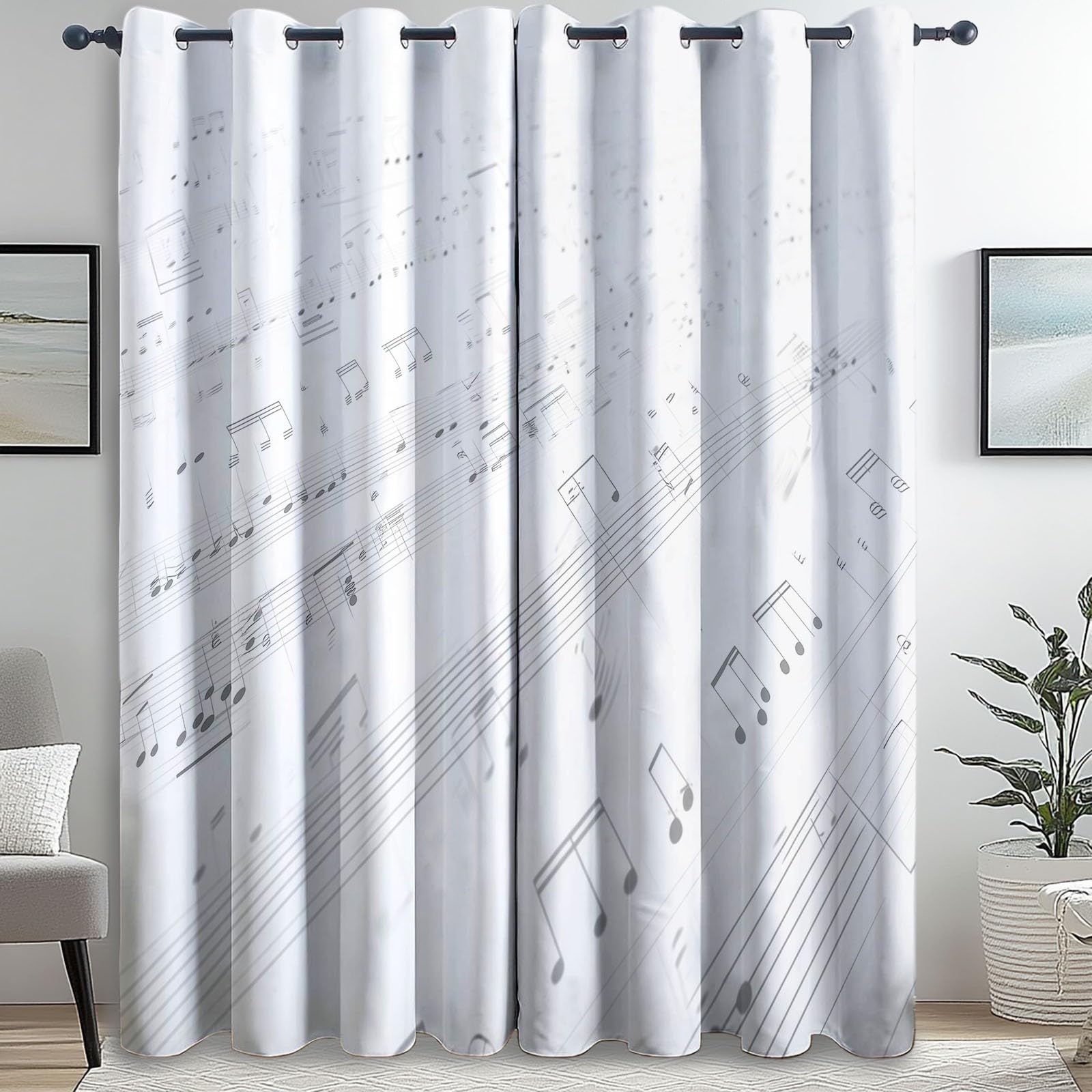 Blackout Curtains Bedroom Simple Style Music Score Texture Pattern, Geo-Thermal Insulated Energy Efficiency Window Treatment Sets Privacy Grommet Drapes for Kids Room 52