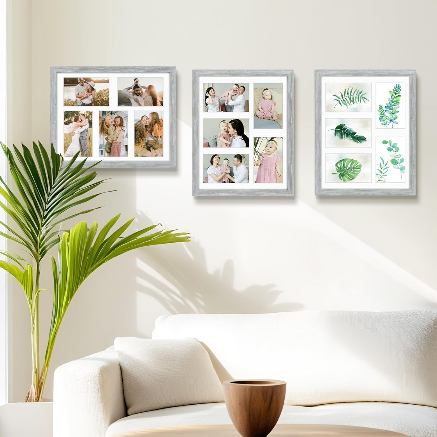 Golden State Art, 11x14 Grey Wooden Frame with White Mat - Displays Five 4x6 Photos - Tempered Glass - Wall Mounting, Portrait, Set of 2