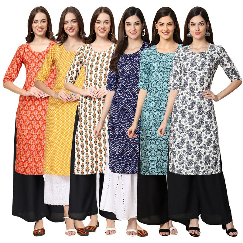 Pinkmint Women's Crepe Digital Print Straight Kurta [Pack Of 6] Multicolour