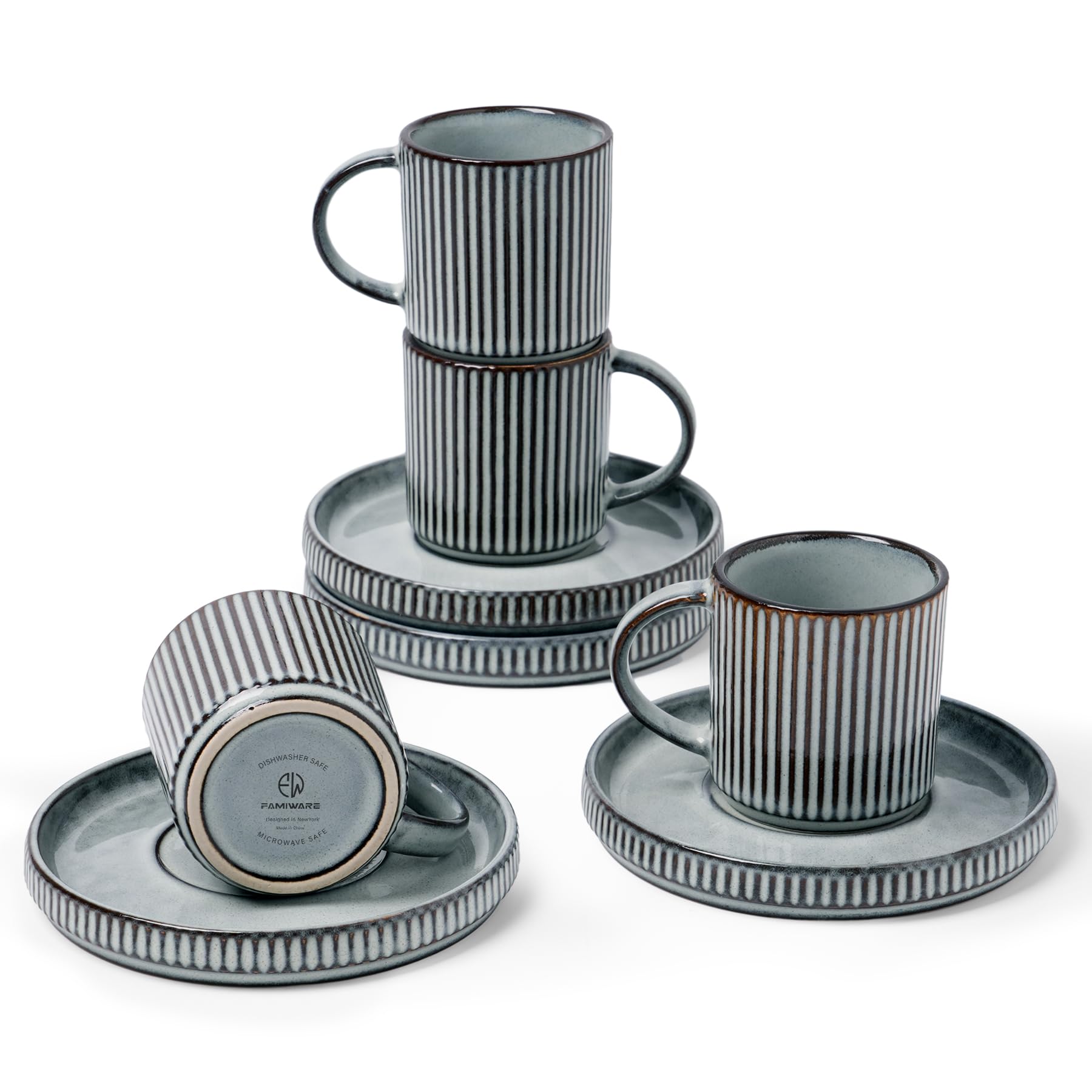 famiware 3oz Espresso Cups and Saucers, Set of 4, Smoky Blue