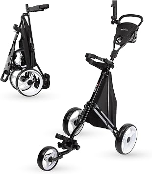 PRECISE Cruiser 3-Wheel Golf Push Cart with Foot Brake & Stabilizer Rods Folding Golf Trolley, Ergonomic Handle, Detachable Storage Bag, Scorecard & Cup Holder