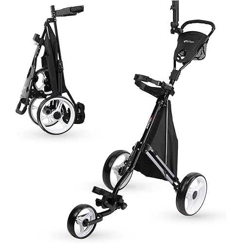 PRECISE Cruiser 3-Wheel Golf Push Cart with Stabilizer Rods & Foot Brake – Lightweight Folding Golf Trolley with Ergonomic Handle, Detachable Storage Bag & Scorecard Holder